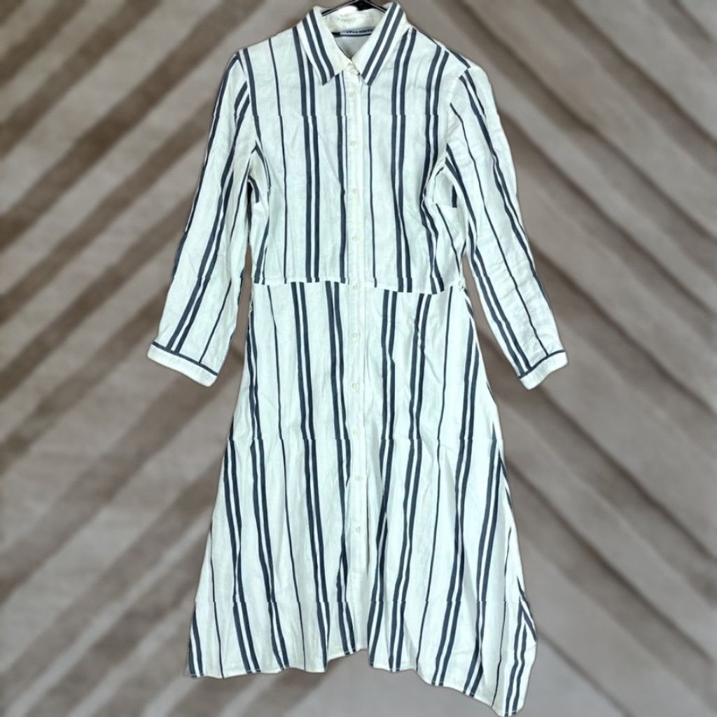 Zara Zara Womens Dress Cream Blue Striped Collared Button Down Long Sleeve Small Size S / US 4 / IT 40 - 1 Thumbnail