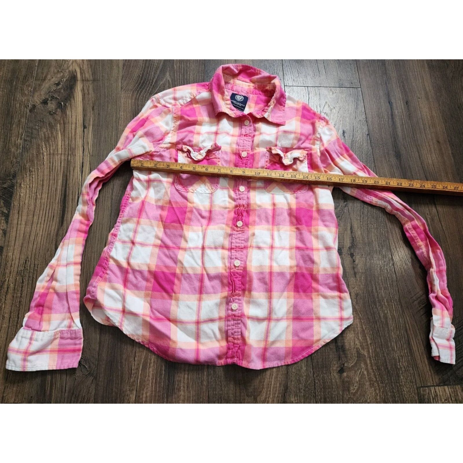 American Eagle Juniors Pink Plaid Flannel Shirt Long Sleeve Women