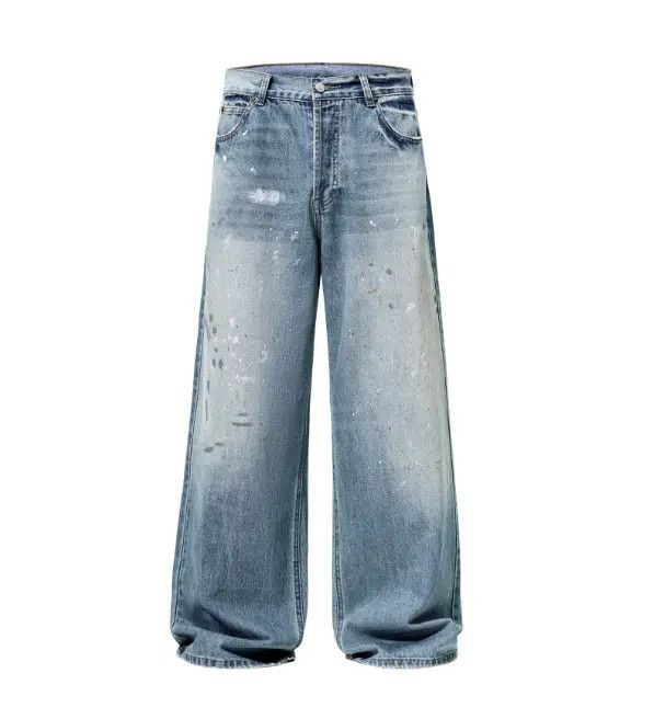 Japanese Brand Riho Ink splash trend loose straight ice blue jeans for men Size US 32 / EU 48 - 6 Thumbnail