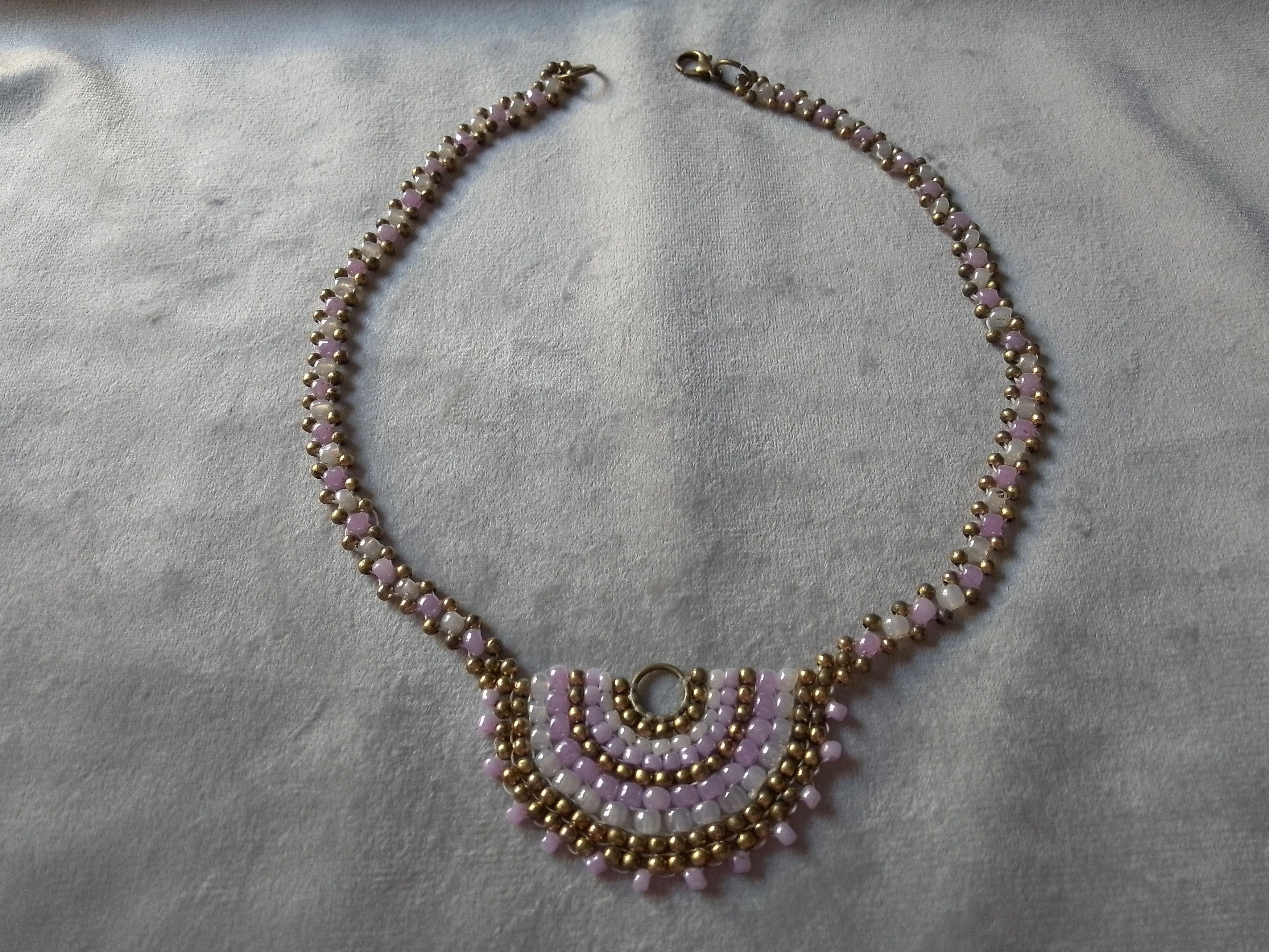 Handmade Necklace Antique Brass White/Purple Glass Elegant Size ONE SIZE - 1 Thumbnail