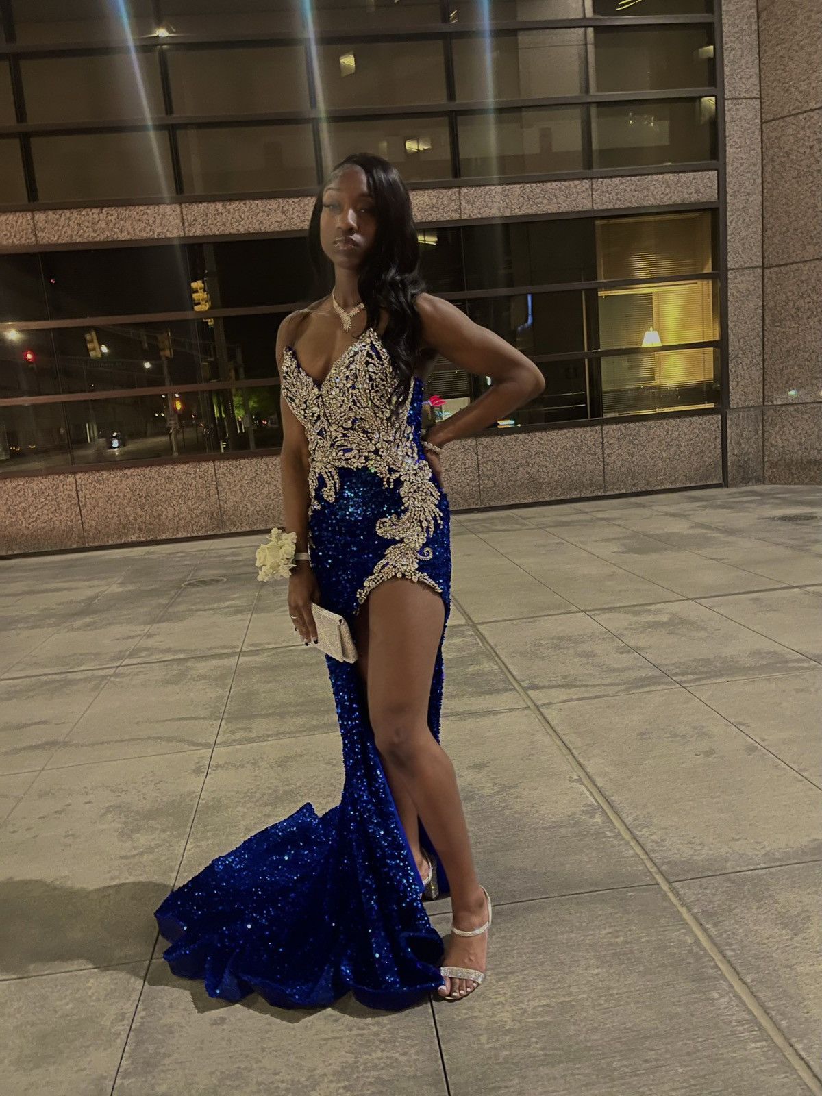 Strapless Royal blue gown silver accents