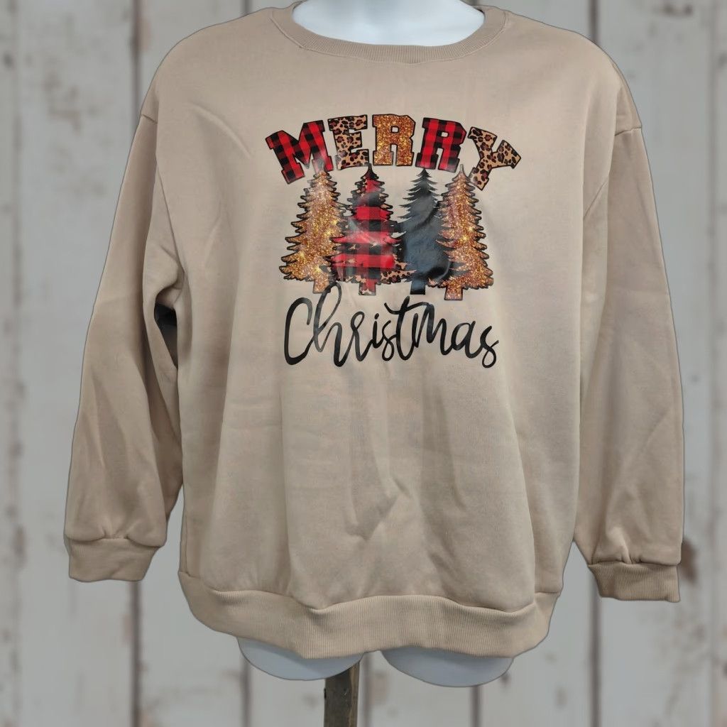 Shein Shein Sweatshirt Women's 2XL Tan Merry Christmas Trees Print Fleece Lined Xmas Size XXL / US 16-18 / IT 52-54 - 1 Thumbnail