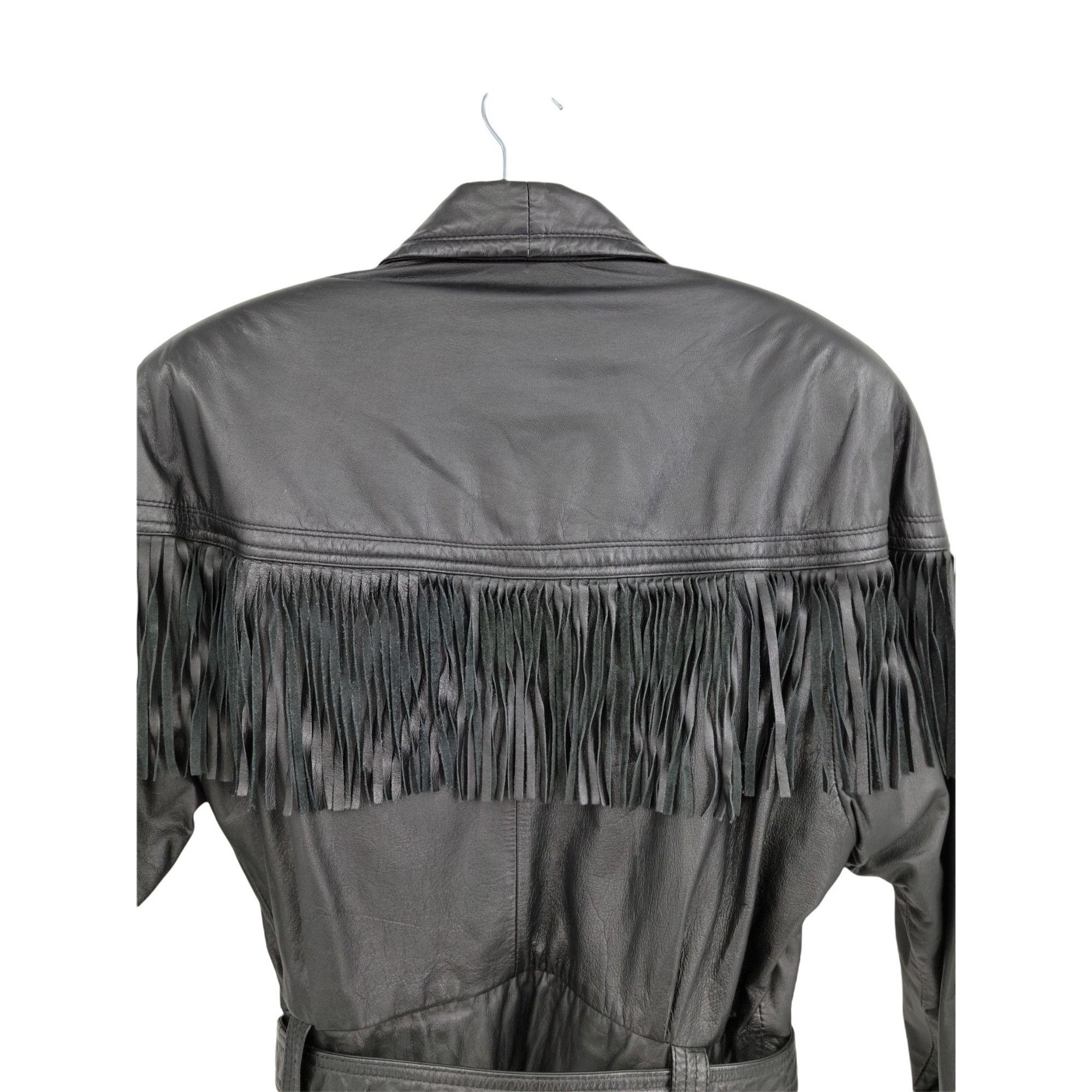 Vintage Vtg 80s G-III Black Fringed Leather Belted Bomber Jacket Sz Size L / US 10 / IT 46 - 7 Thumbnail