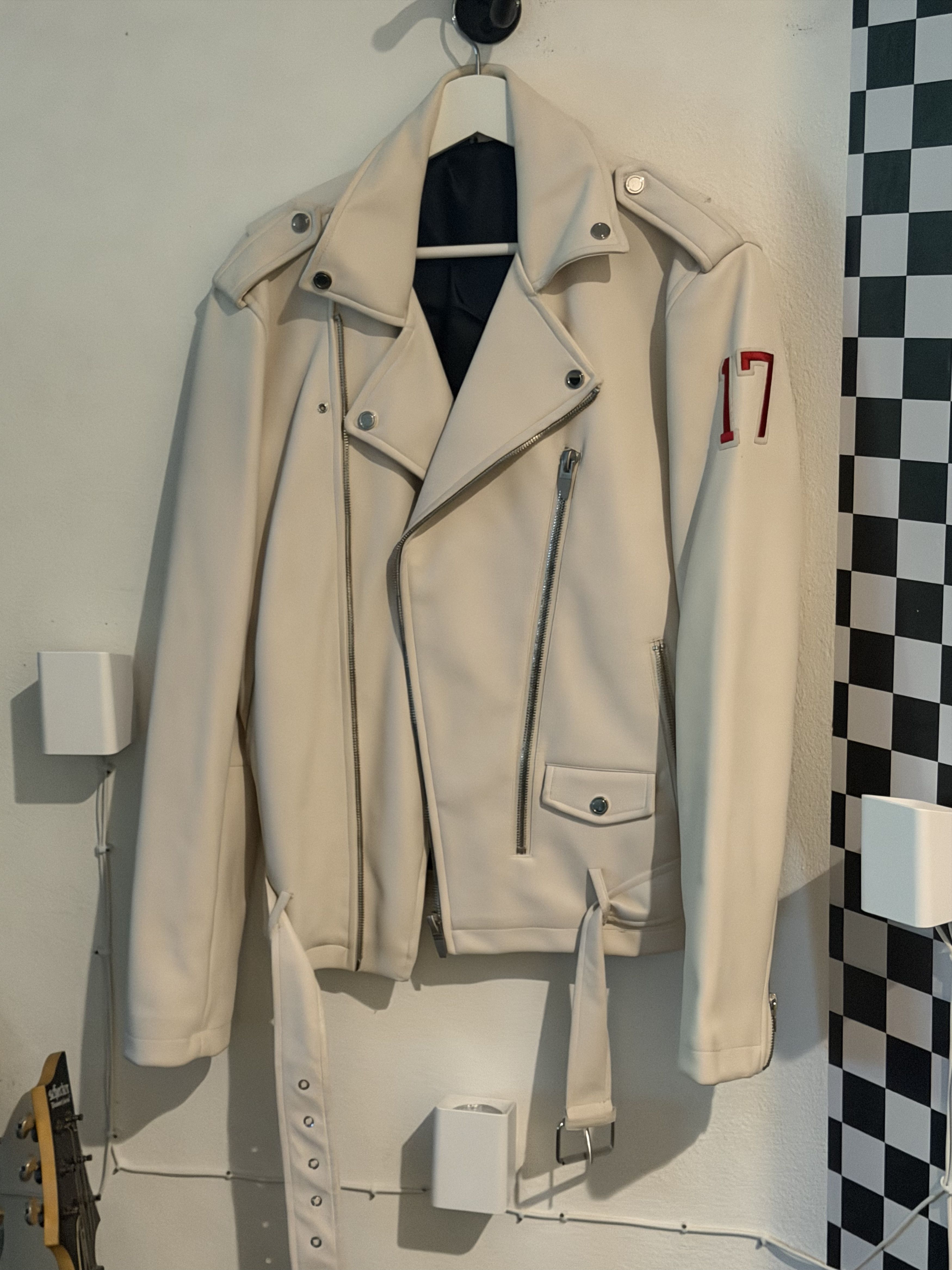 Zara Leather Biker Jacket (Cream) Size US M / EU 48-50 / 2 - 1 Thumbnail