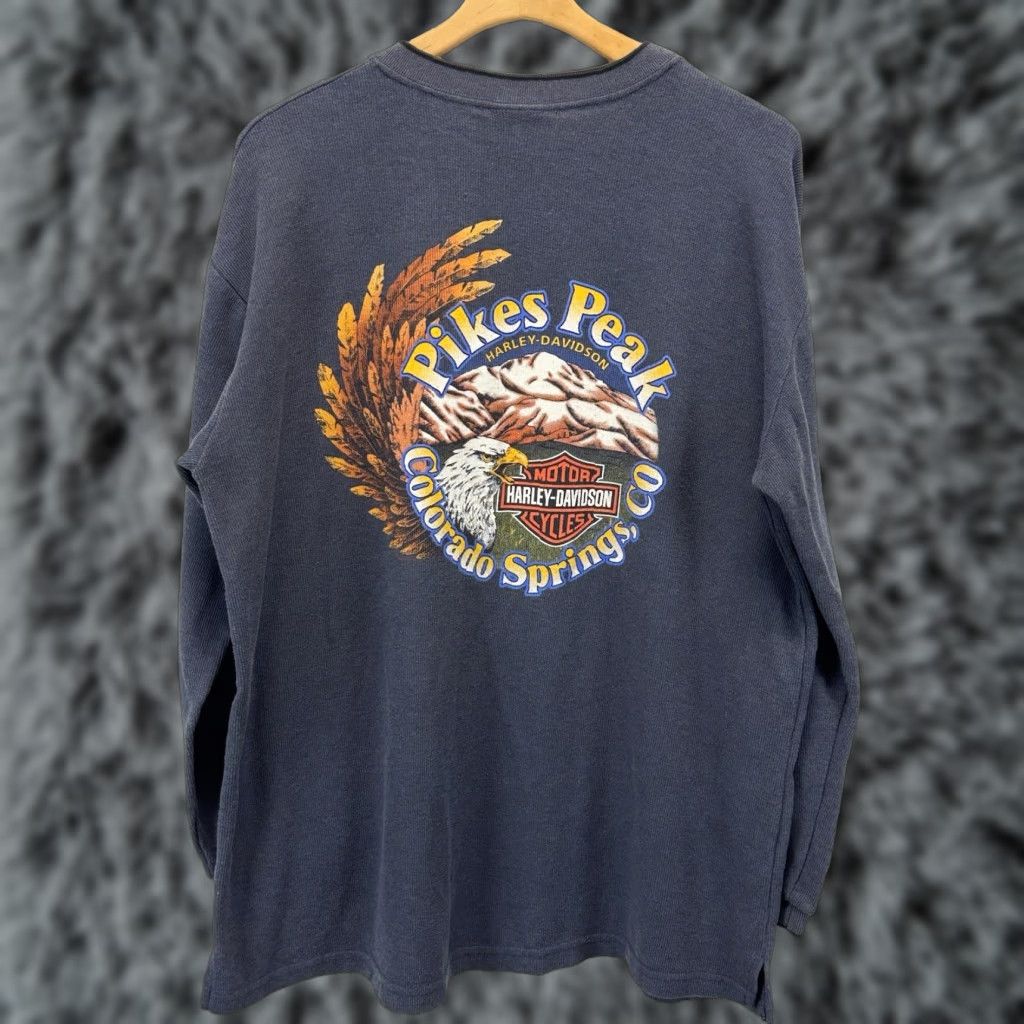VINTAGE Harley-Davidson Shirt 2XL Mens Blue Long Sleeve Crew Neck 90s Graphic Print Nightfall 90s Theme