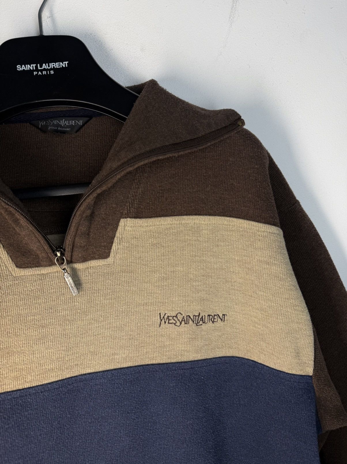Yves Saint Laurent 90s YSL Sweatshirt 1/4 Quarter Zip Brown Vintage Sweater Size US L / EU 52-54 / 3 - 1 Thumbnail
