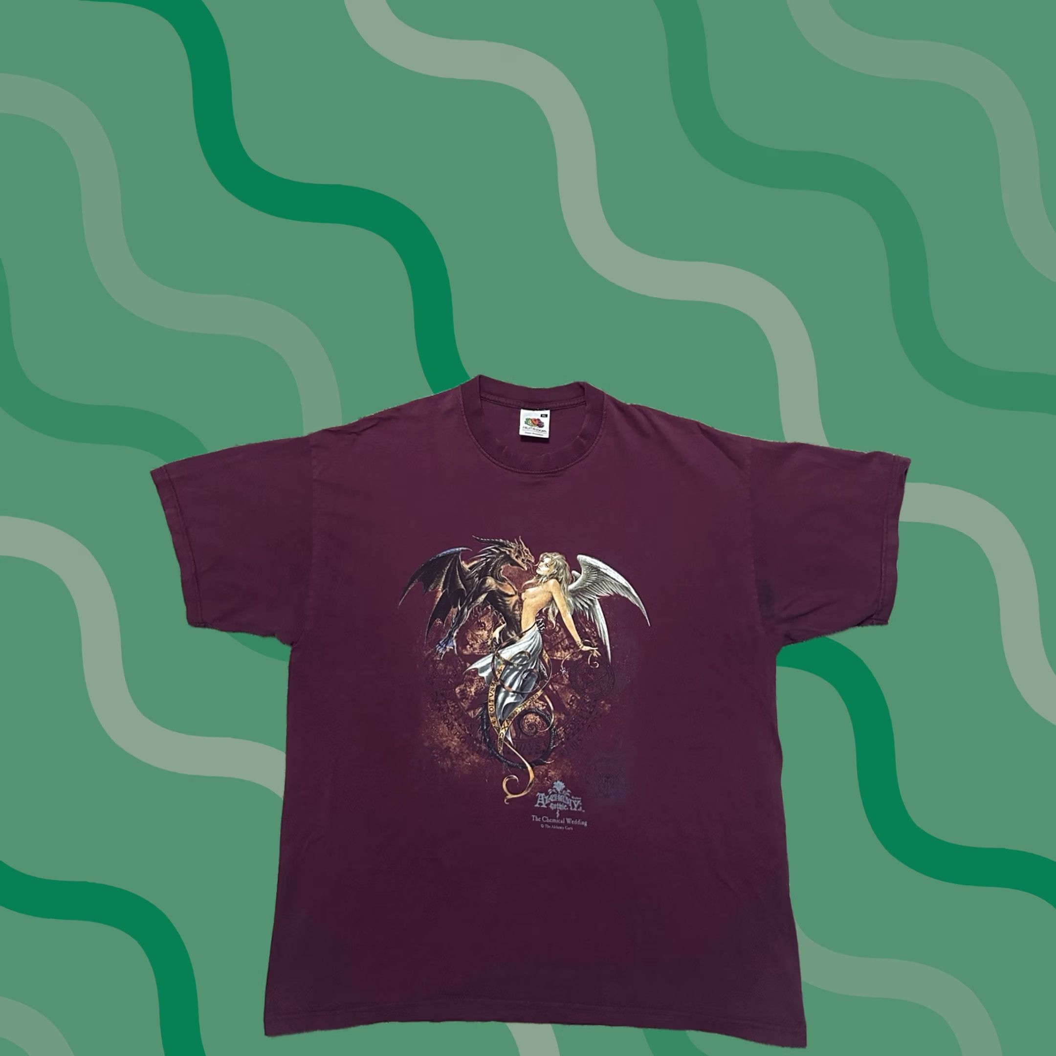 Fruit Of The Loom VINTAGE Alchemy Gothic Shirt XL Dragon Short Sleeve Crew Neck Men T-Shirt Burgundy Cotton Knit Logo Graphic Print Halloween Gothic Art 90s 00s Size US XL / EU 56 / 4 - 1 Thumbnail