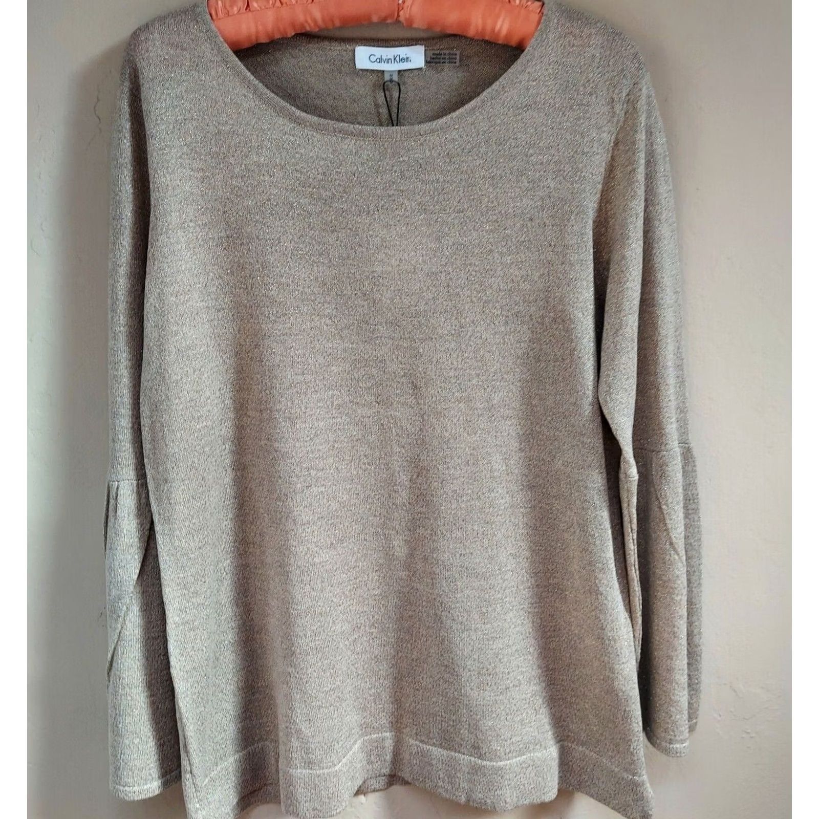 Calvin Klein Calvin Klein Womens Knit Metallic Bell Sleeves Sweater Medium Tan Pullover New Size M / US 6-8 / IT 42-44 - 2 Thumbnail
