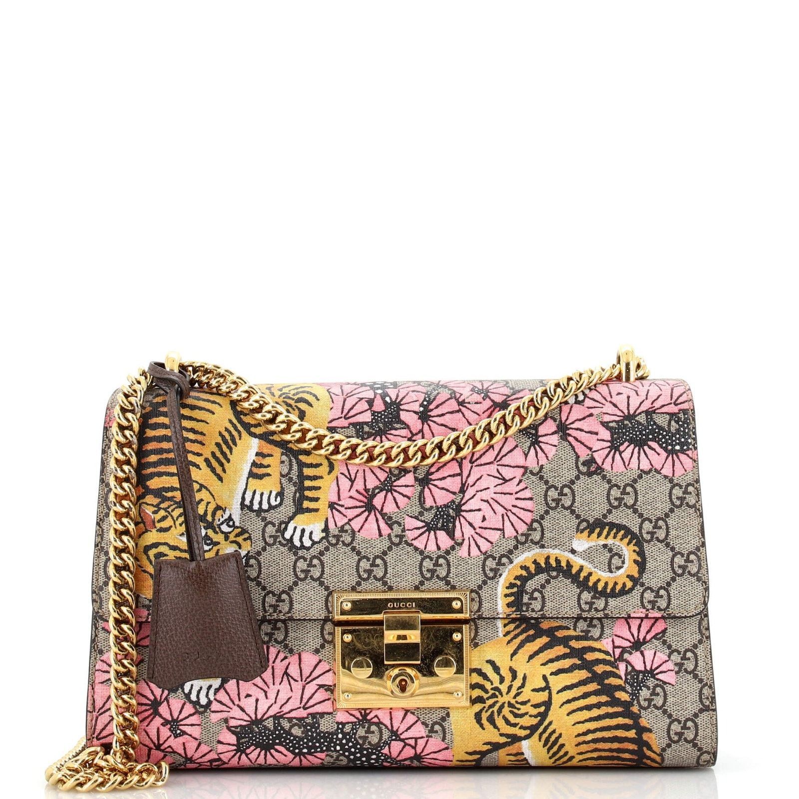 image of Gucci Padlock Shoulder Bag Bengal Print GG Coated Canvas Medium in Brown, Women's