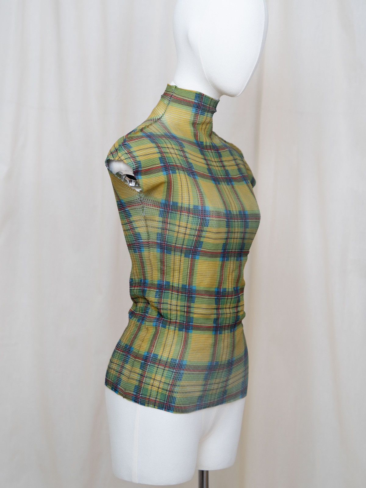 Issey Miyake Issey Miyake Green Plaid Pleated Turtleneck Short-Sleeve Top Size ONE SIZE - 2 Thumbnail