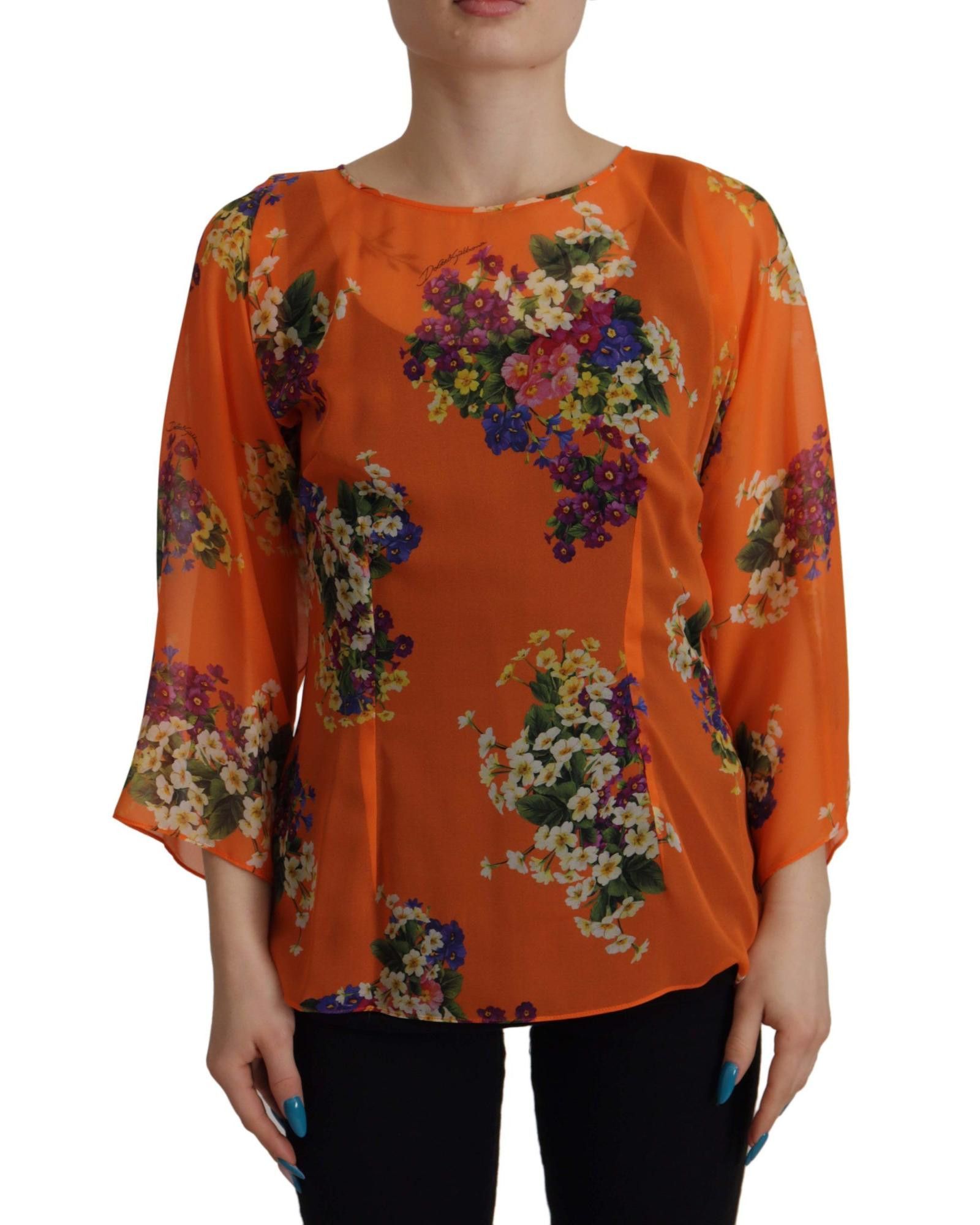 image of Dolce Gabbana Floral Print Long Sleeve Blouse in Orange, Women's (Size Small)