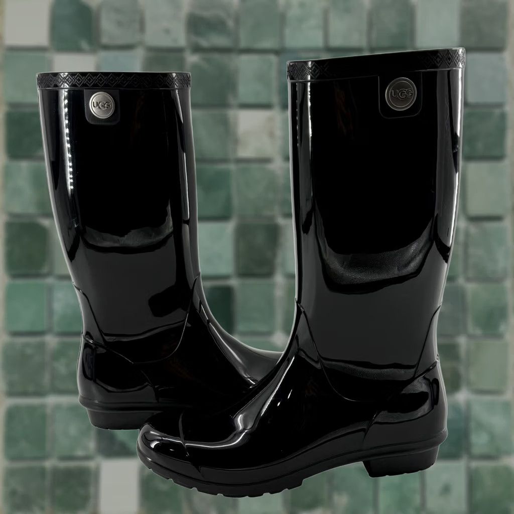 Ugg UGG Shaye Rain Boot Black Glossy Waterproof Knee High Insole Sheepskin 9 Womens Size US 9 / IT 39 - 1 Thumbnail