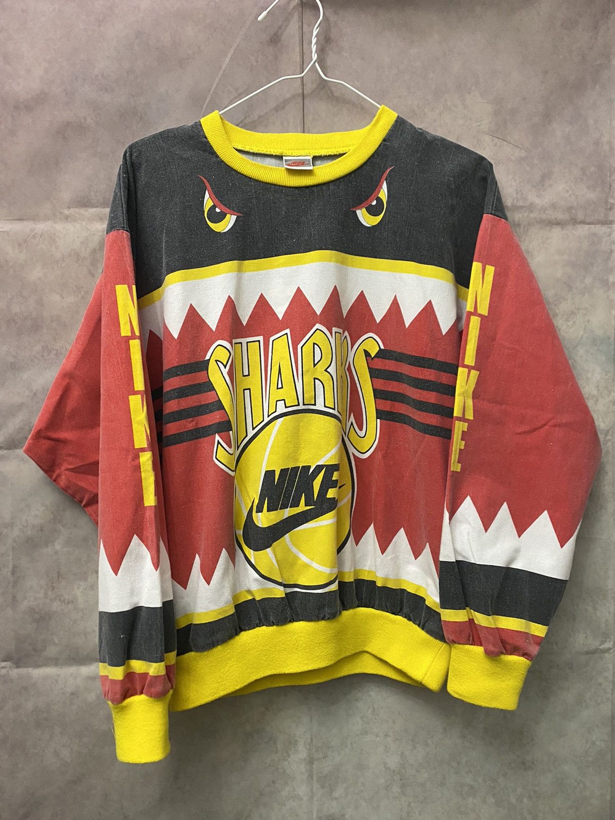 image of 80's Vintage Nike Sharks Basketball Aop Crewneck Sweatshirt in Yellow White Blue Red (Size Small)