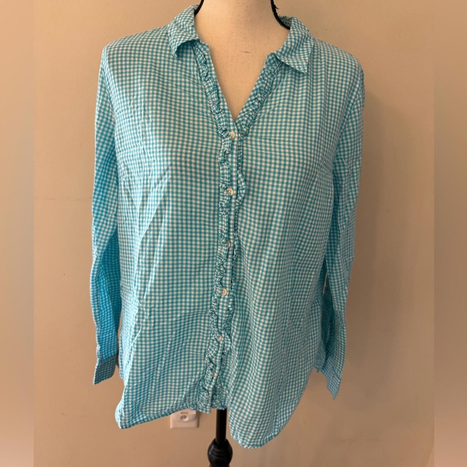 Erima Ericka teal white plaid ruffled button up long sleeve SZ LG Size L / US 10 / IT 46 - 1 Thumbnail