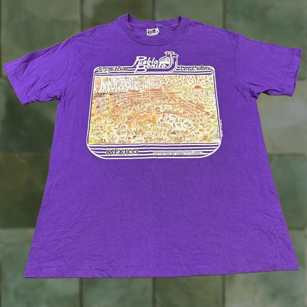 Hanes VINTAGE Pueblo Bonito Los Cabos Mexico Single Stitch Hanes T Shirt Mens Adult Large Purple 90s Graphic Crew Neck Short Sleeve Mexico Resort Size US L / EU 52-54 / 3 - 1 Thumbnail