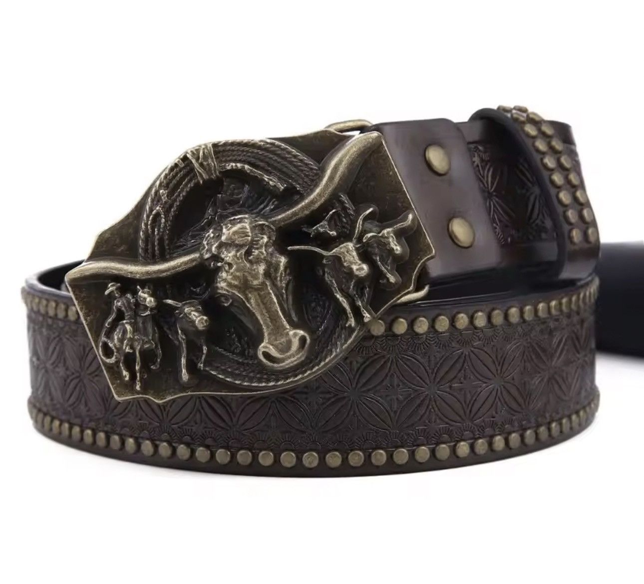 Japanese Brand 115 cm WESTERN GRUNGE Brown Embossed Faux Leather Belt Size ONE SIZE - 4 Thumbnail