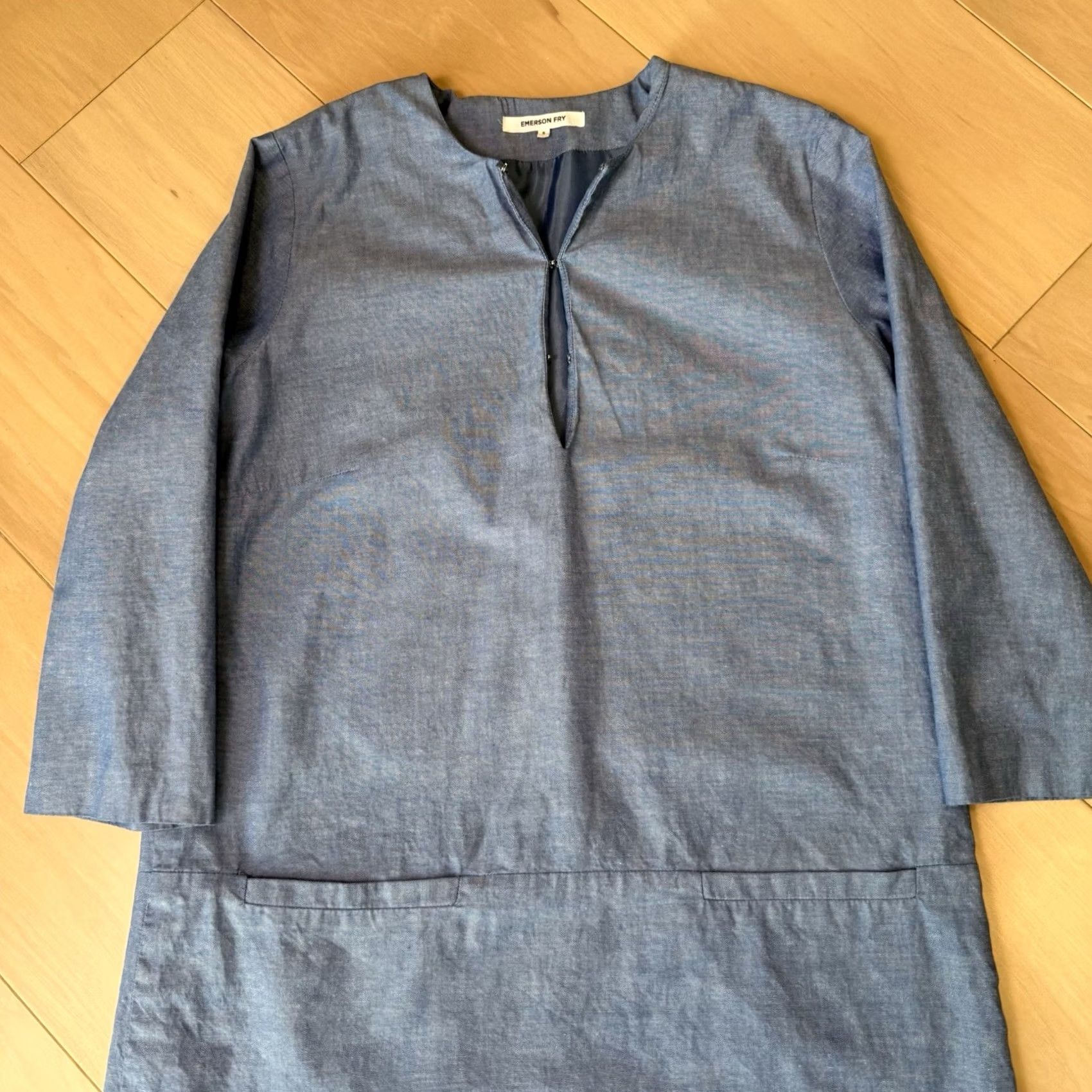 Vintage Emerson Fry Chambray Mod Dress Women's Small Blue V Neck 3/4 Sleeve Midi Casual White Logo - Mens? Size S / US 4 / IT 40 - 4 Thumbnail