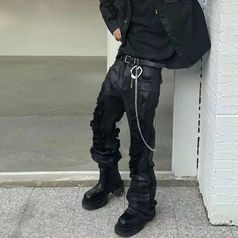 Japanese Brand × Jean High Street Ripped Damaged Coatted Wax Baggy Flare Size US 29 - 1 Thumbnail