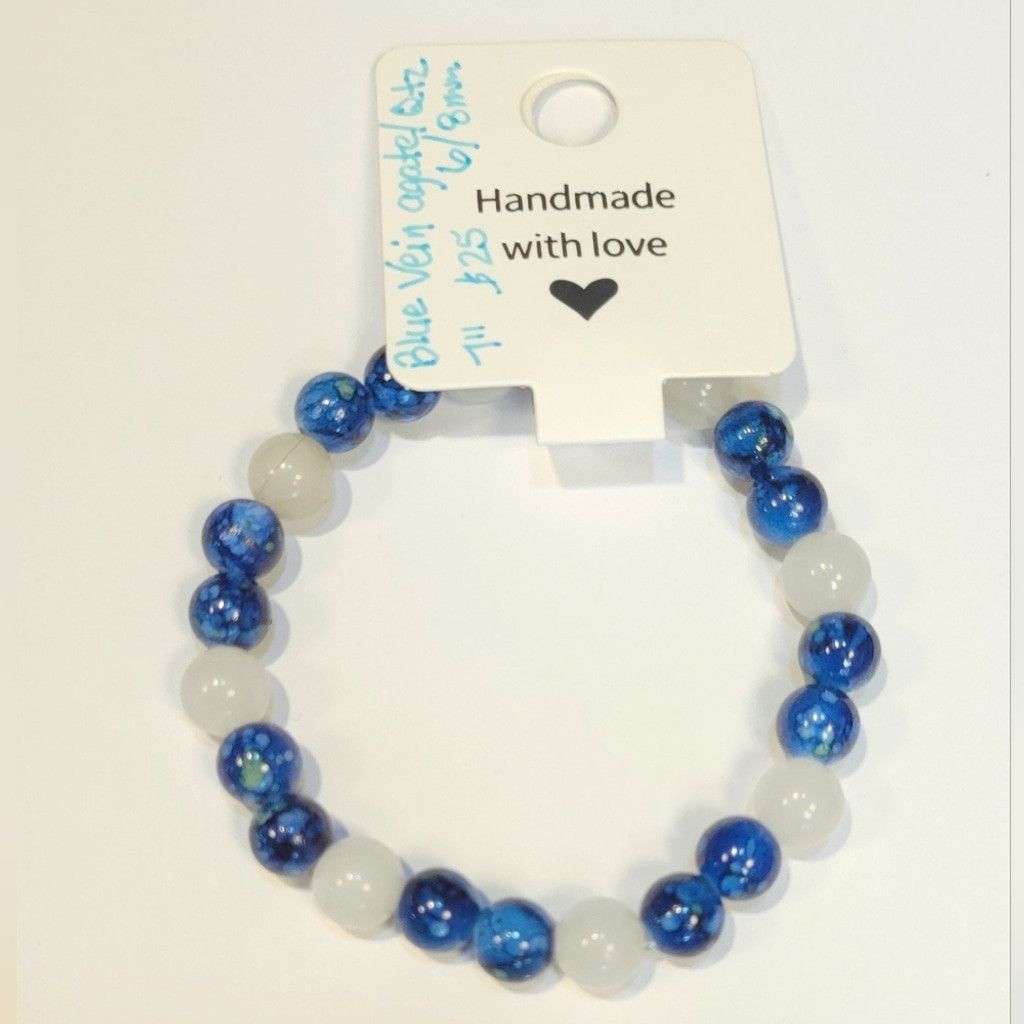 Handmade Natural Crystal Blue Vein & Clear Quartz Beaded Bracelet 7" Size ONE SIZE - 1 Thumbnail