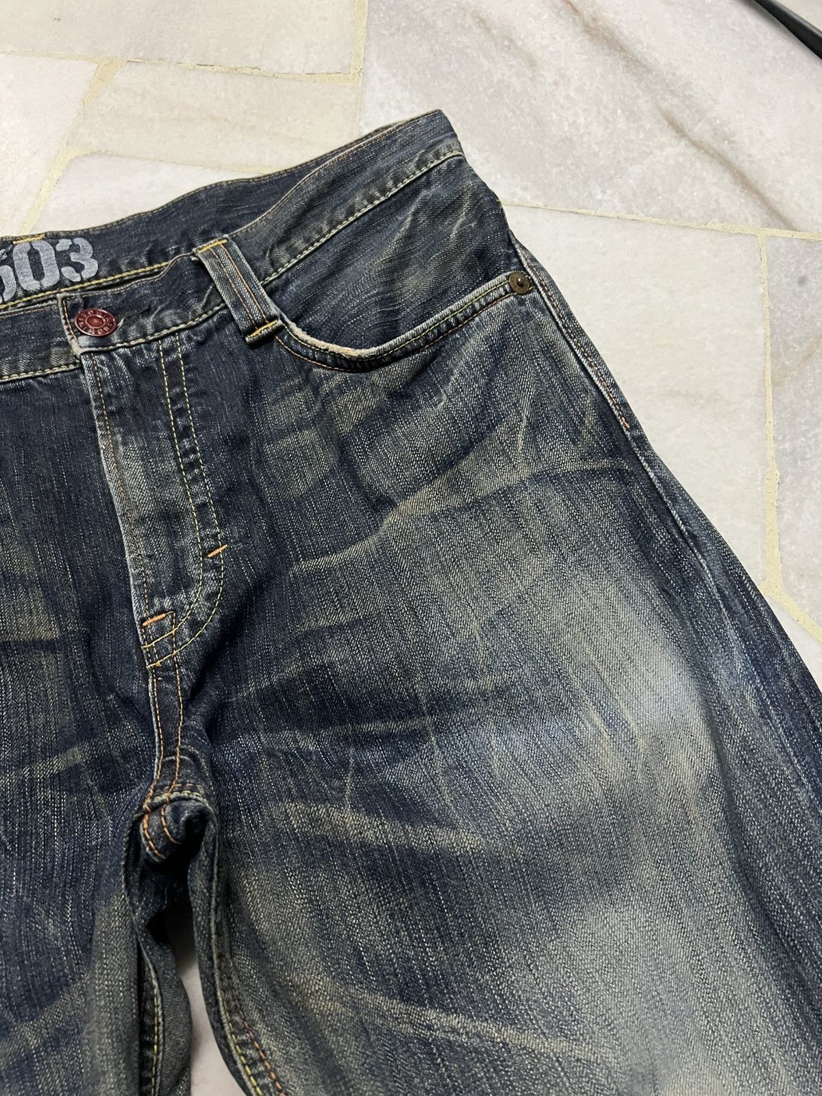 Edwin × Vintage 💥Flare💥Edwin 503 Blue Trip Distress Jean Size US 35 - 9 Thumbnail