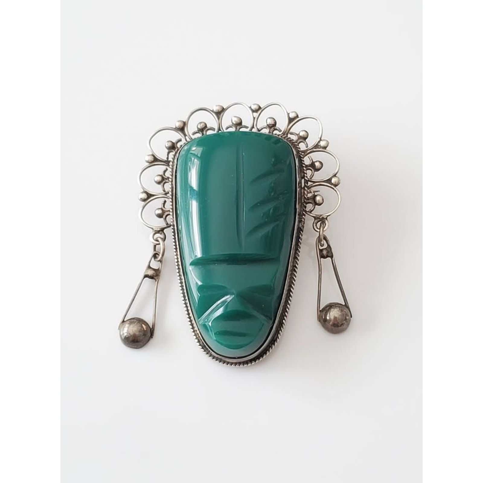 Other Vintage Sterling Silver Chrysoprase Mayan Warrior Brooch Size ONE SIZE - 1 Thumbnail