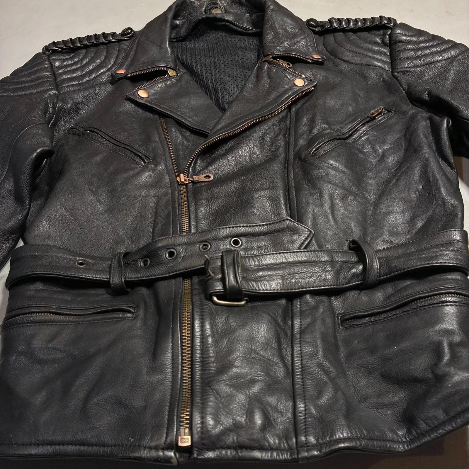 Other Vintage 90s Heavyweight Leather Biker Jacket German Belted Size US L / EU 52-54 / 3 - 9 Thumbnail