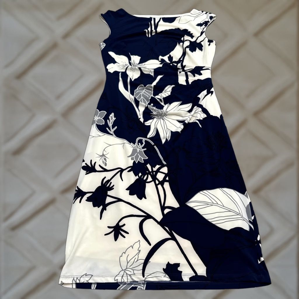 J.Crew Lauren Ralph Lauren Dress Womens 6 Navy White Floral Ruched Sheath Cap Sleeve Size M / US 6-8 / IT 42-44 - 1 Thumbnail