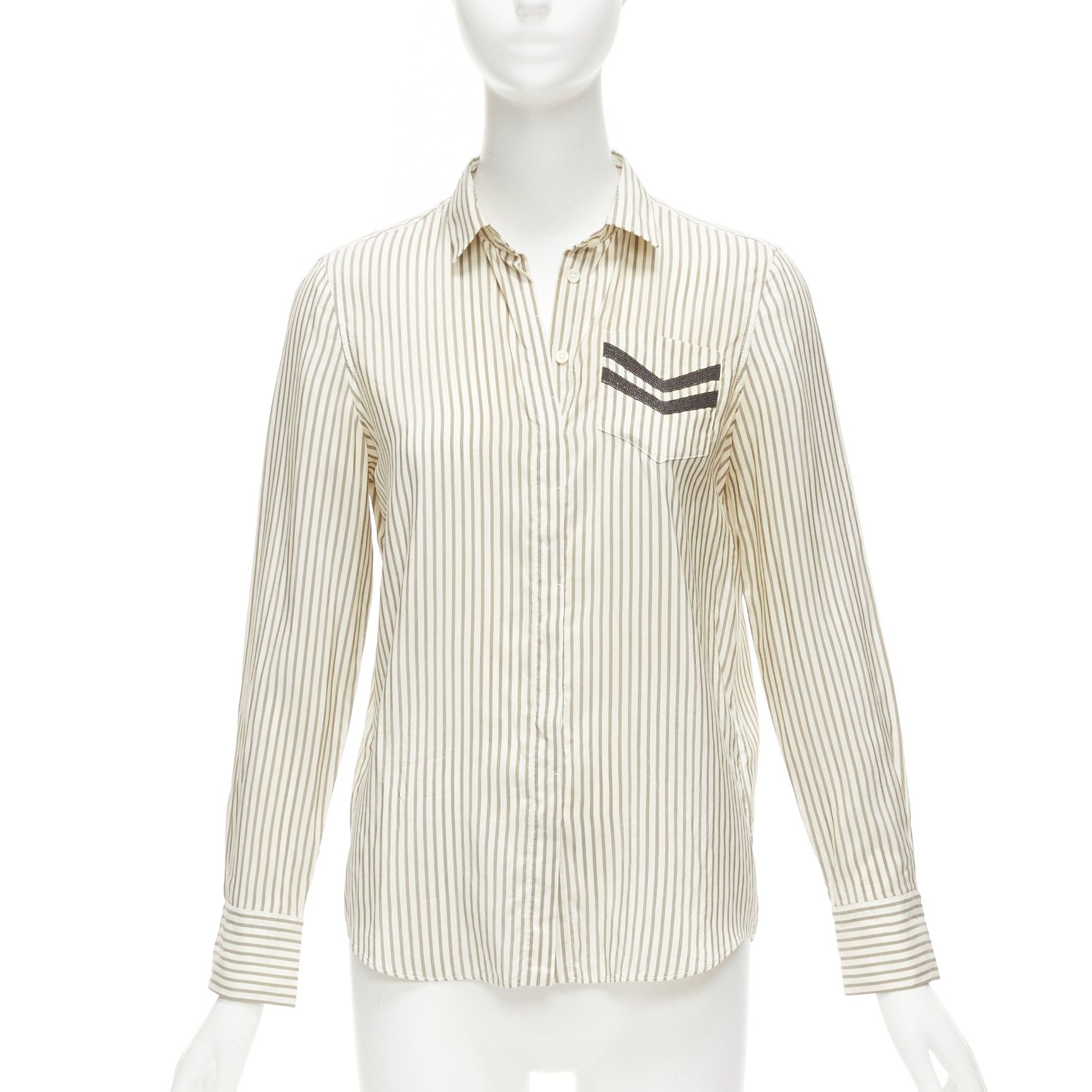 Image of Brunello Cucinelli Cream Grey Stripe Black V Beaded Pocket Dress Shirt Xs, Women's