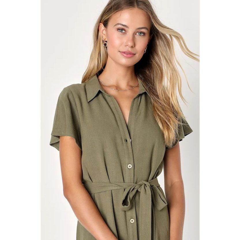 Lulus NWT Lulus Italian Summer Olive Green Linen Button-Up Dress Size XS / US 0-2 / IT 36-38 - 8 Thumbnail