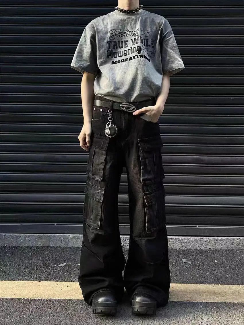 Workwear design gradient color big pocket baggy jeans