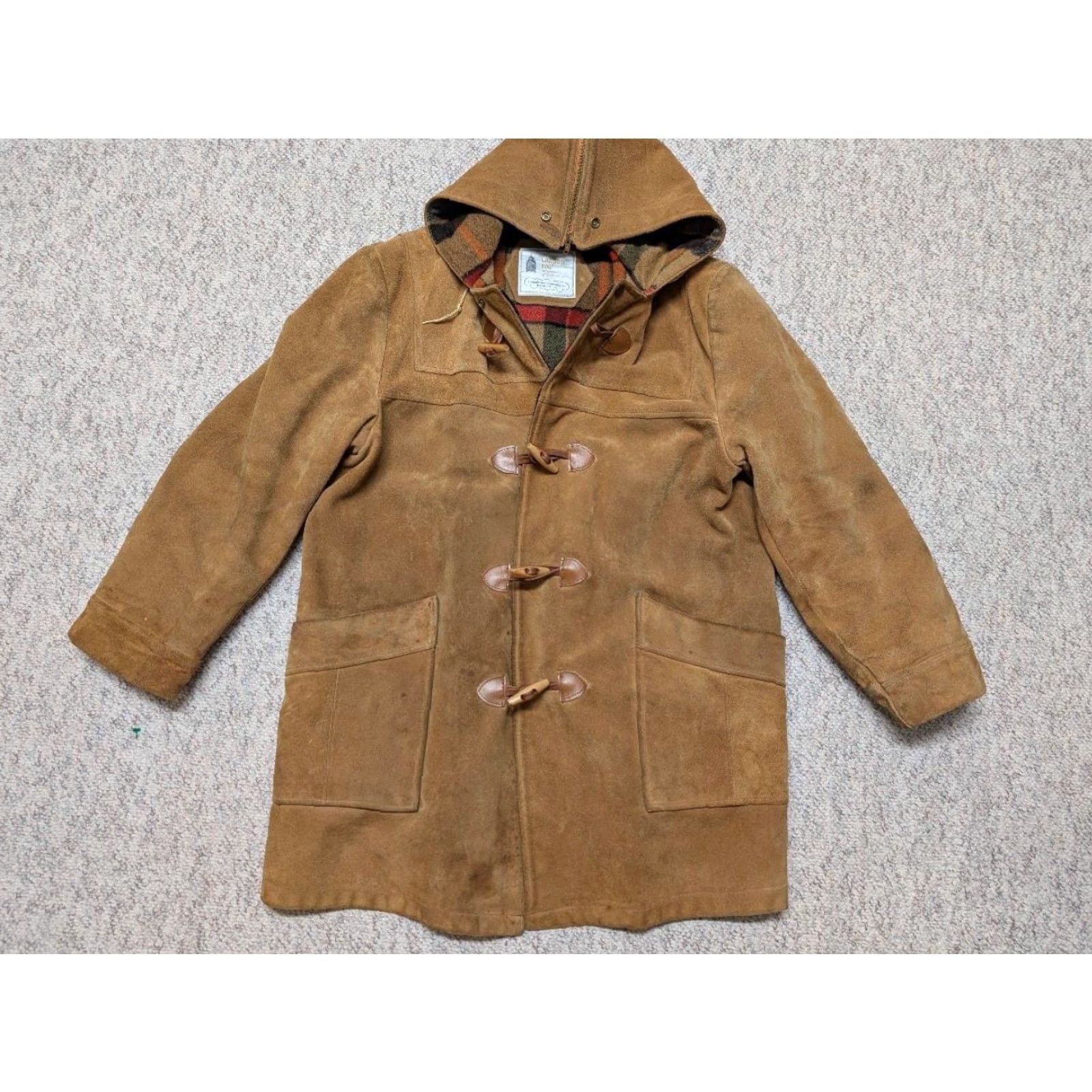 London Fog VINTAGE London Fog Duffle Coat Leather Cowhide Split-Suede 42 Brown Hooded Wool Lined M Mens Coat Jacket Size US M / EU 48-50 / 2 - 3 Thumbnail