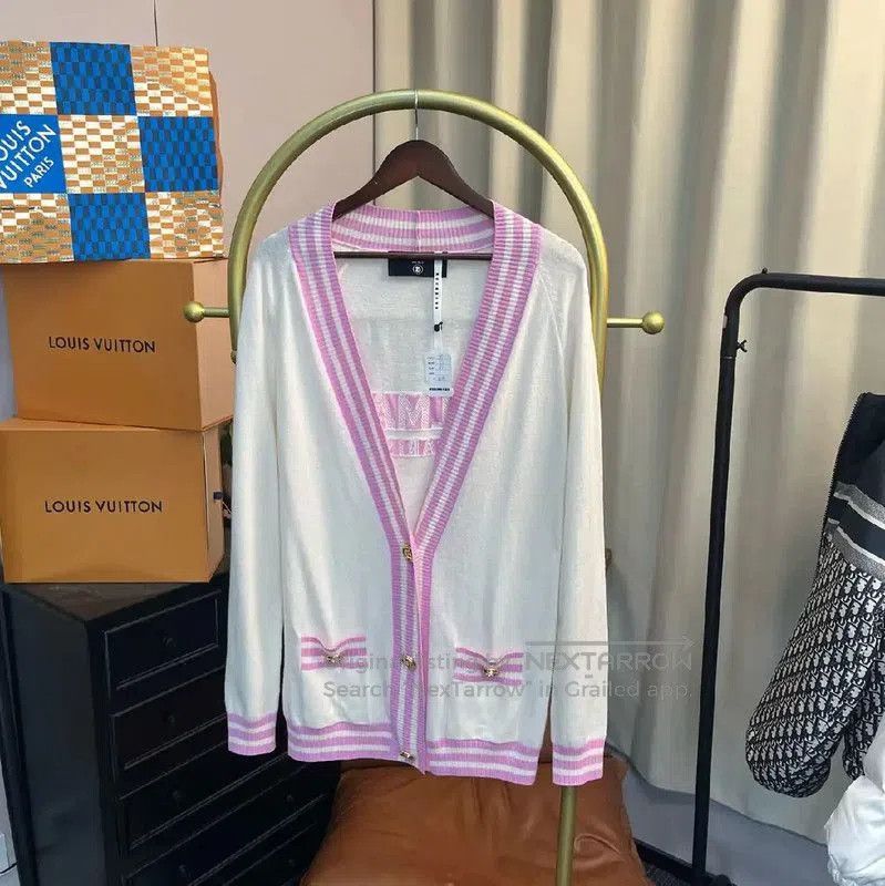 Balmain White Women’s Cardigan with Pink Details .