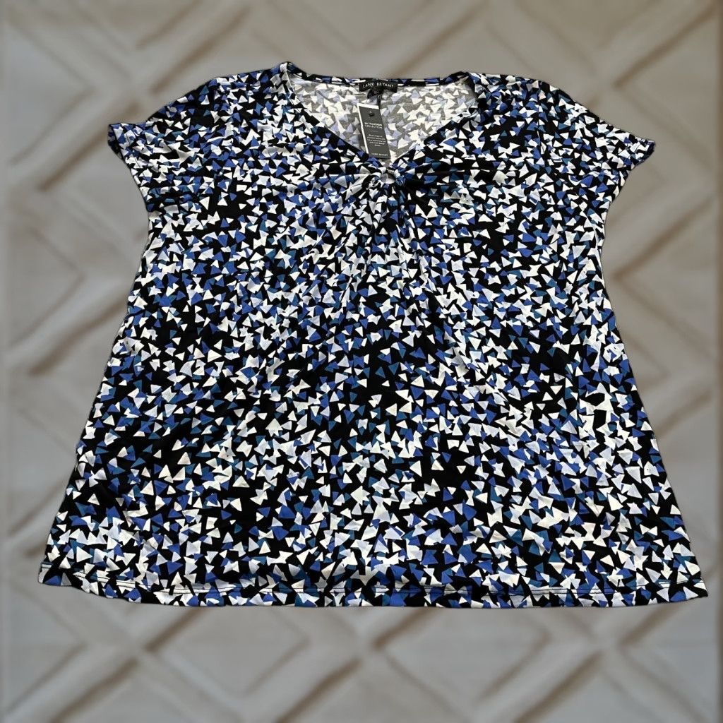 Vintage Lane Bryant Blouse Womens 18/20 Blue White Black V-Neck Keyhole Short Sleeve NWT Size XXL / US 16-18 / IT 52-54 - 1 Thumbnail