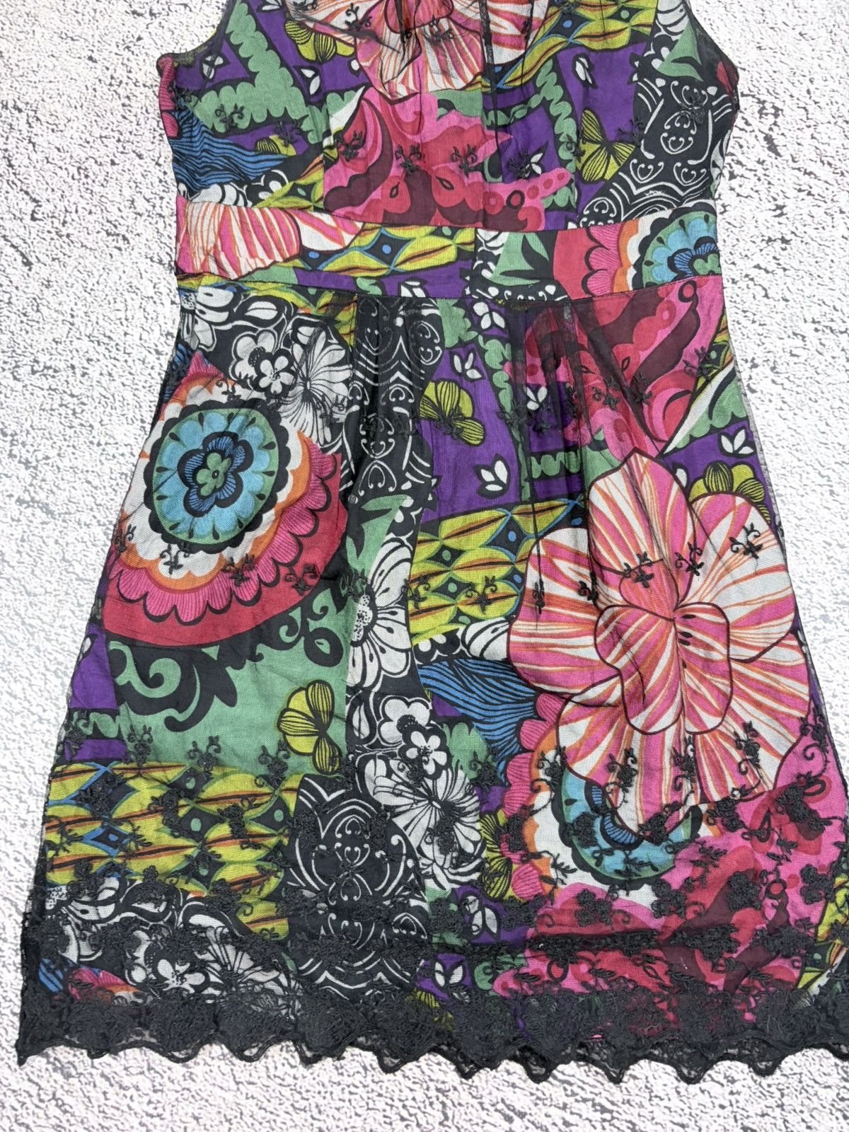 Jean Paul Gaultier Desigual Vintage Y2K Floral Mesh Lace Boho Mini Dress Size S / US 4 / IT 40 - 2 Thumbnail