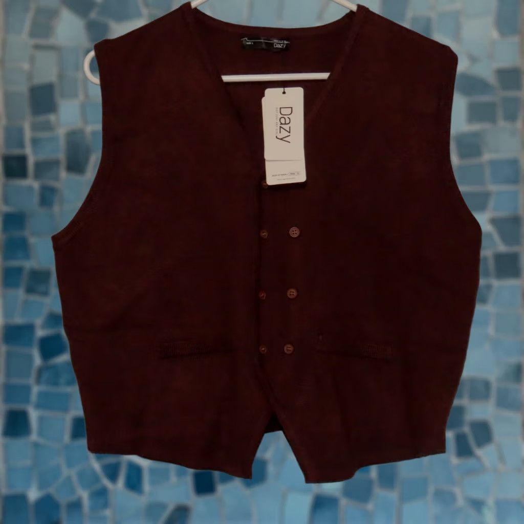 Vintage Dazy Women's L Brown Double Button Knit Vest NWT V-Neck Sleeveless Casual Winter Spring Fall Knitted Solid Buttoned Regular Fit Size L / US 10 / IT 46 - 1 Thumbnail