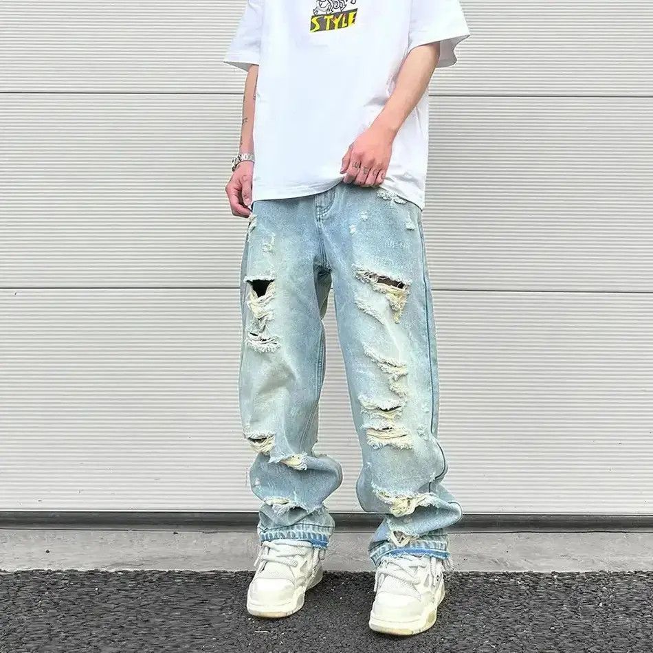 Japanese Brand Washed Blue Oversized Torn Jeans Size US 32 / EU 48 - 2 Thumbnail