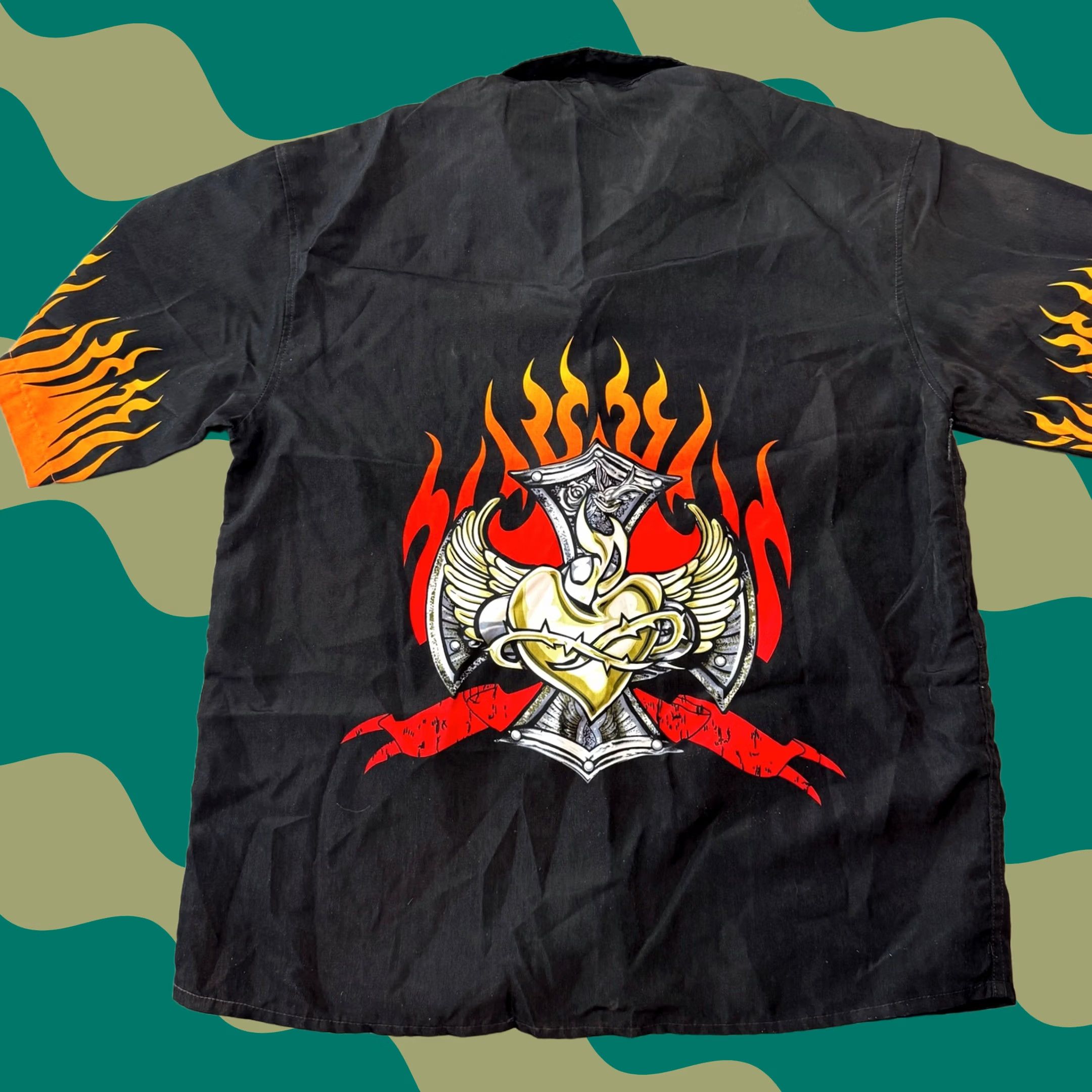 Vintage VINTAGE Y2K Flame Cross Biker Motorcycle Short Sleeve Button Up Graphic Tee L Mens Black Size US 33 - 1 Thumbnail