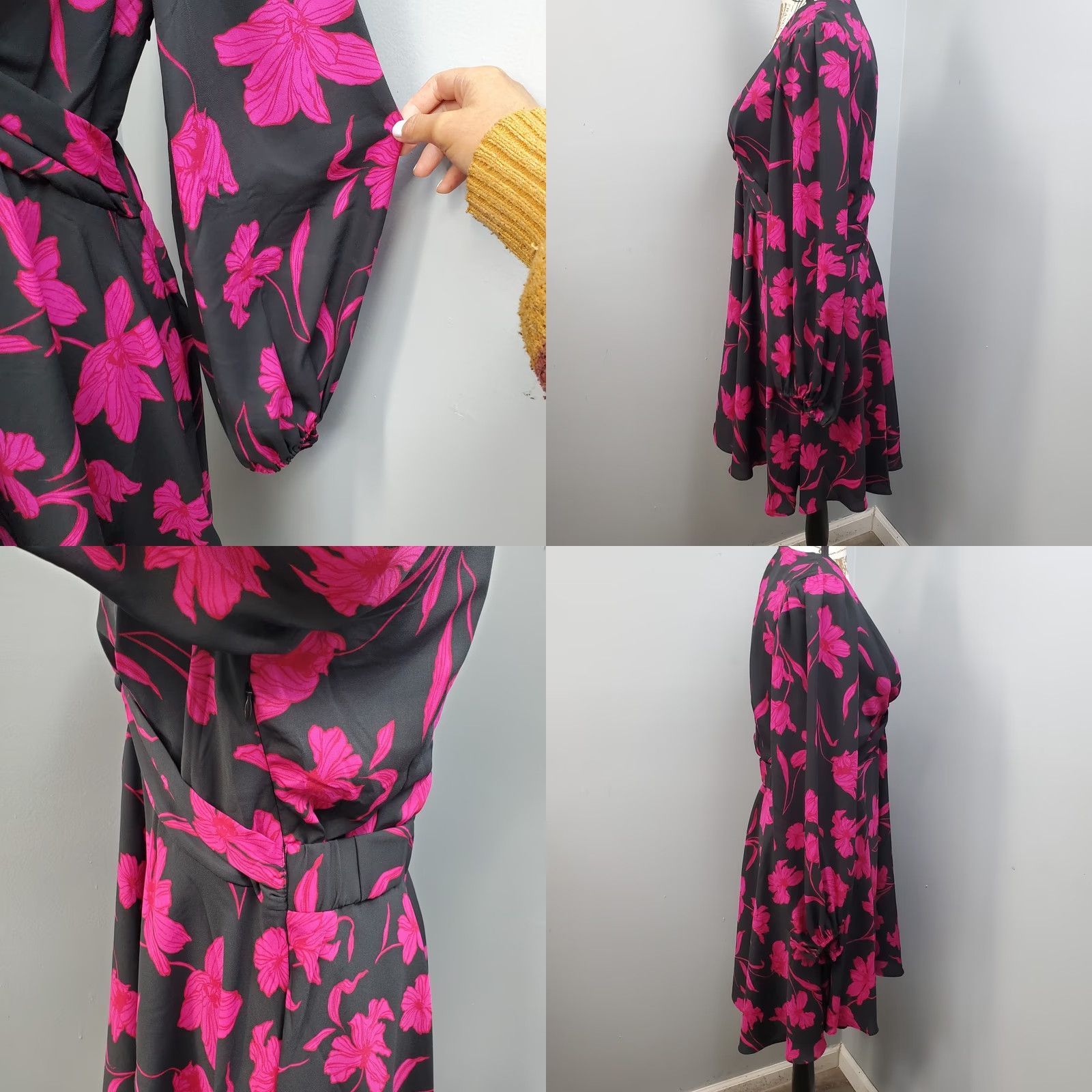 Banana Republic Banana Republic Dress Womens 10 Floral Black Pink Balloon Sleeve Fit & Flare Midi V-Neck Size L / US 10 / IT 46 - 8 Thumbnail