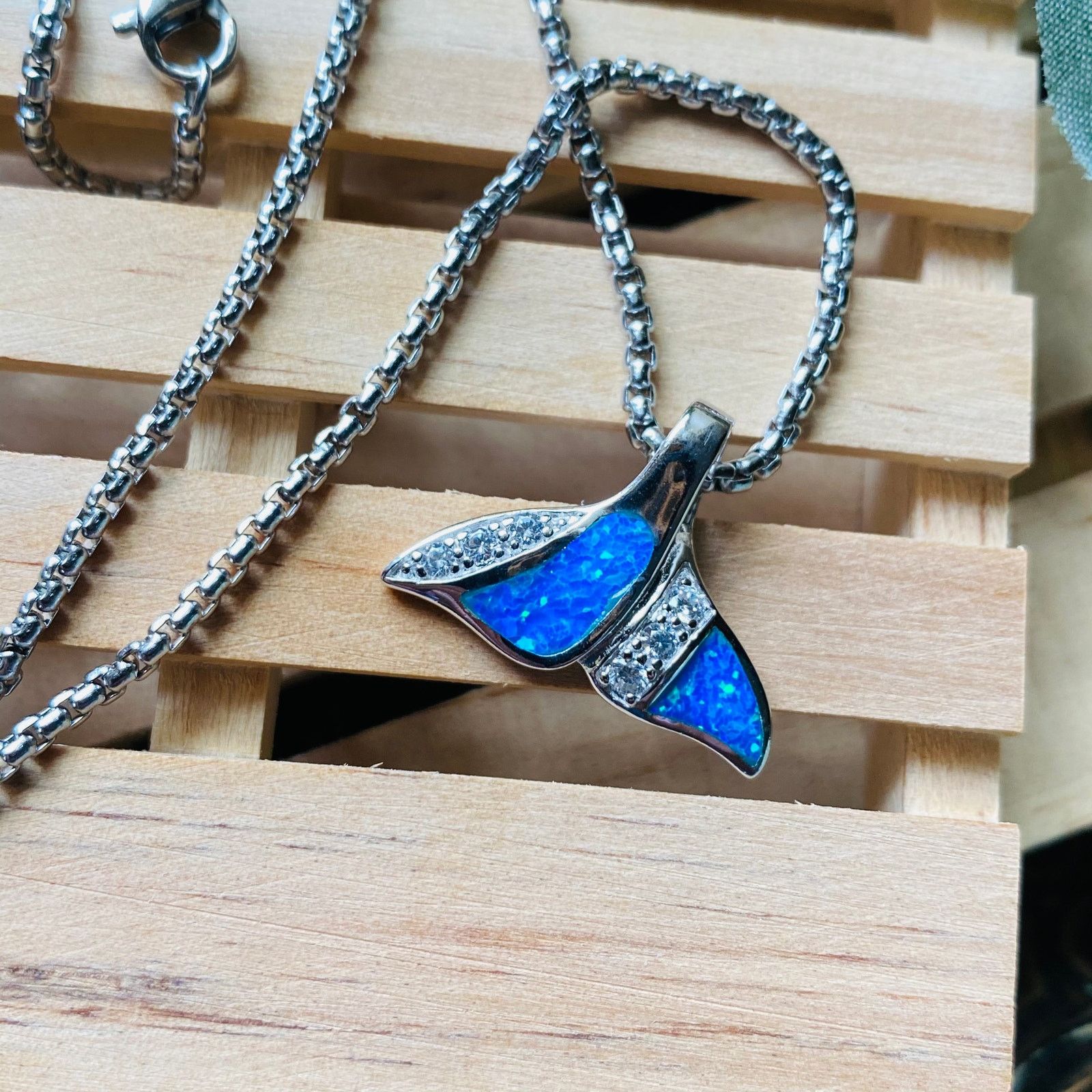 The Unbranded Brand Sterling Silver Blue Opal CZ Whale Tail Necklace Size ONE SIZE - 2 Thumbnail
