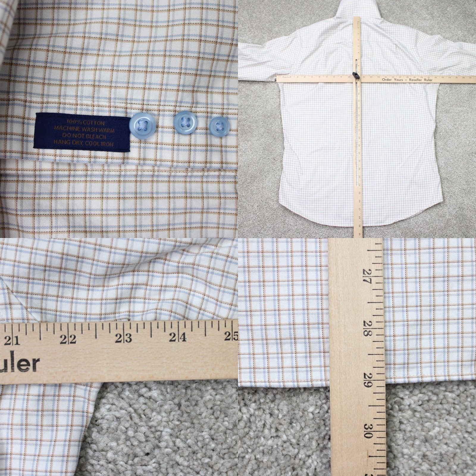 David Donahue David Donahue Shirt Mens 15.5 34/35 Beige/Blue Checkered Trim Fit Long Sleeve Dress Shirt Regular 100% Cotton Button Cuff Mens Size US L / EU 52-54 / 3 - 8 Thumbnail