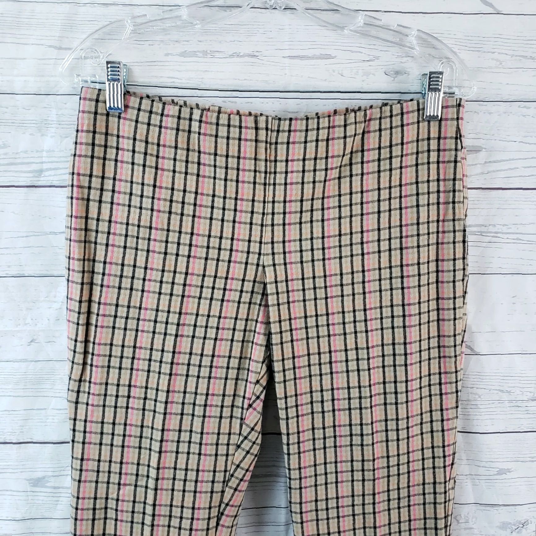 J. Jill J. Jill Womens Cropped Pull On Pants Sz 8 Tan Pink Plaid Multicolor Cuffed Cropped Knit Cotton Blend Womens Size 30" / US 8 / IT 44 - 2 Thumbnail