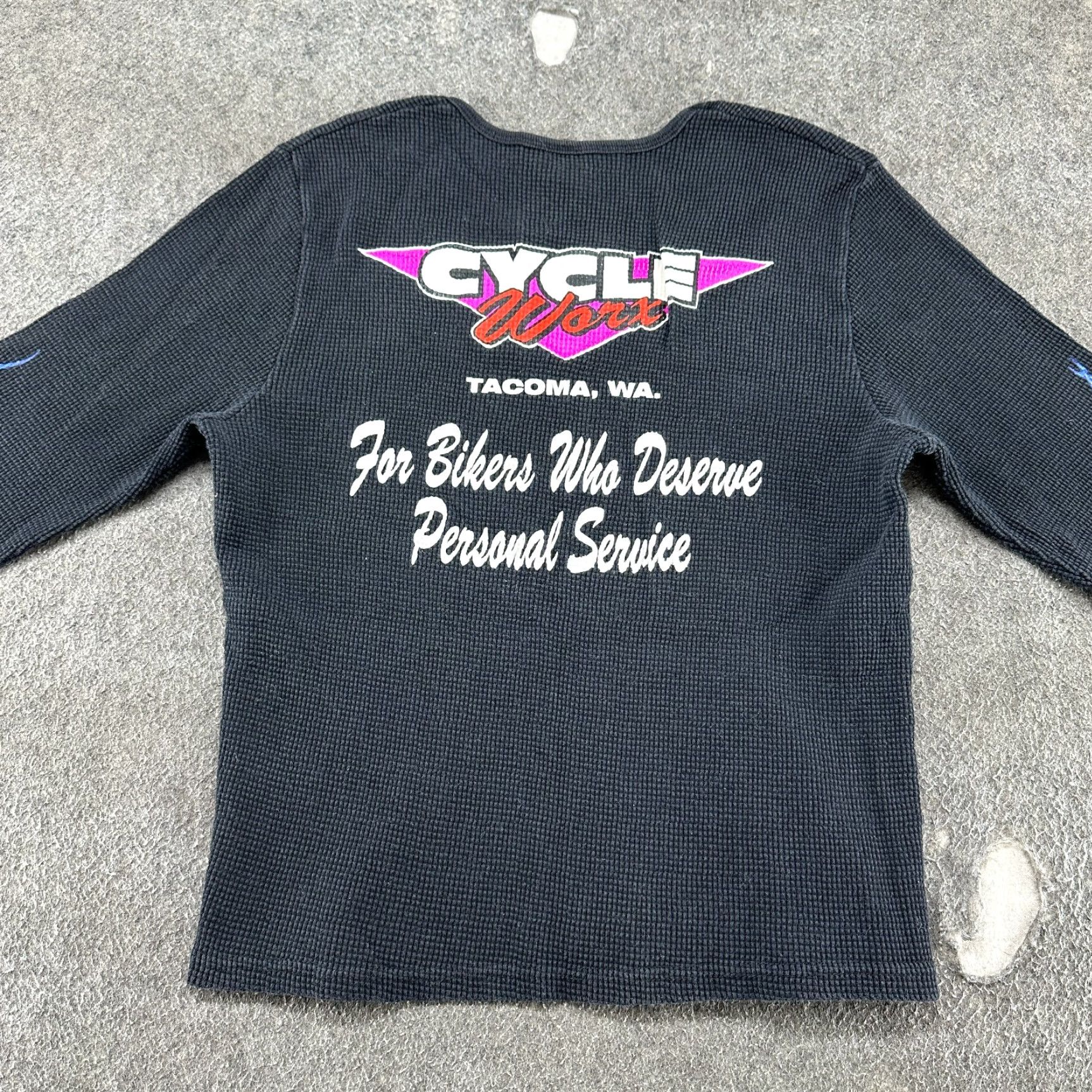Vintage VINTAGE Biker Shirt Women XL Black Blue Long Sleeve Thermal Flame Cycle Worx 90s Size XL / US 12-14 / IT 48-50 - 6 Thumbnail
