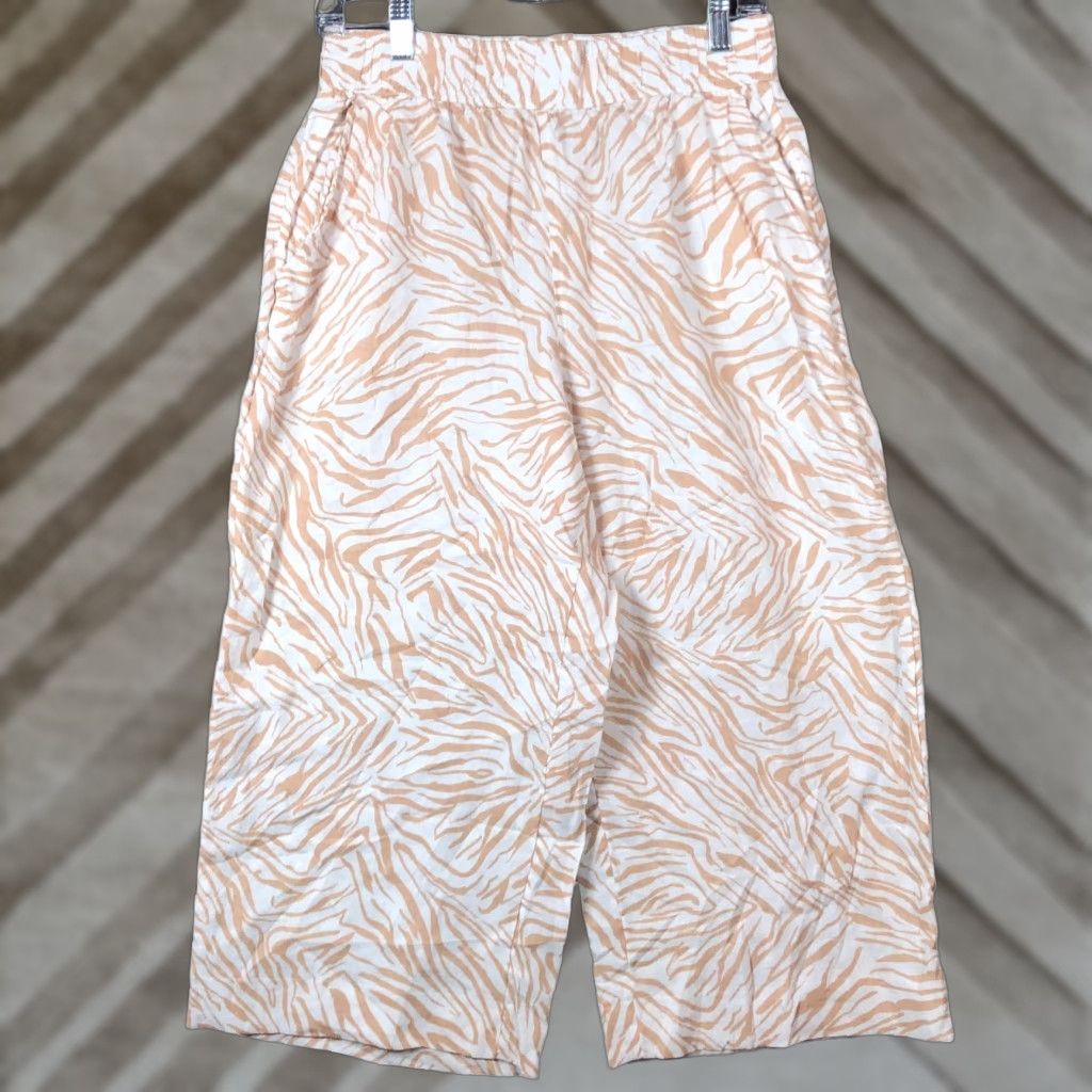 Nicole Miller Nicole Miller Womens Pants White Tan Zebra Print Pull On Capris 100% Linen M Size 29" - 1 Thumbnail