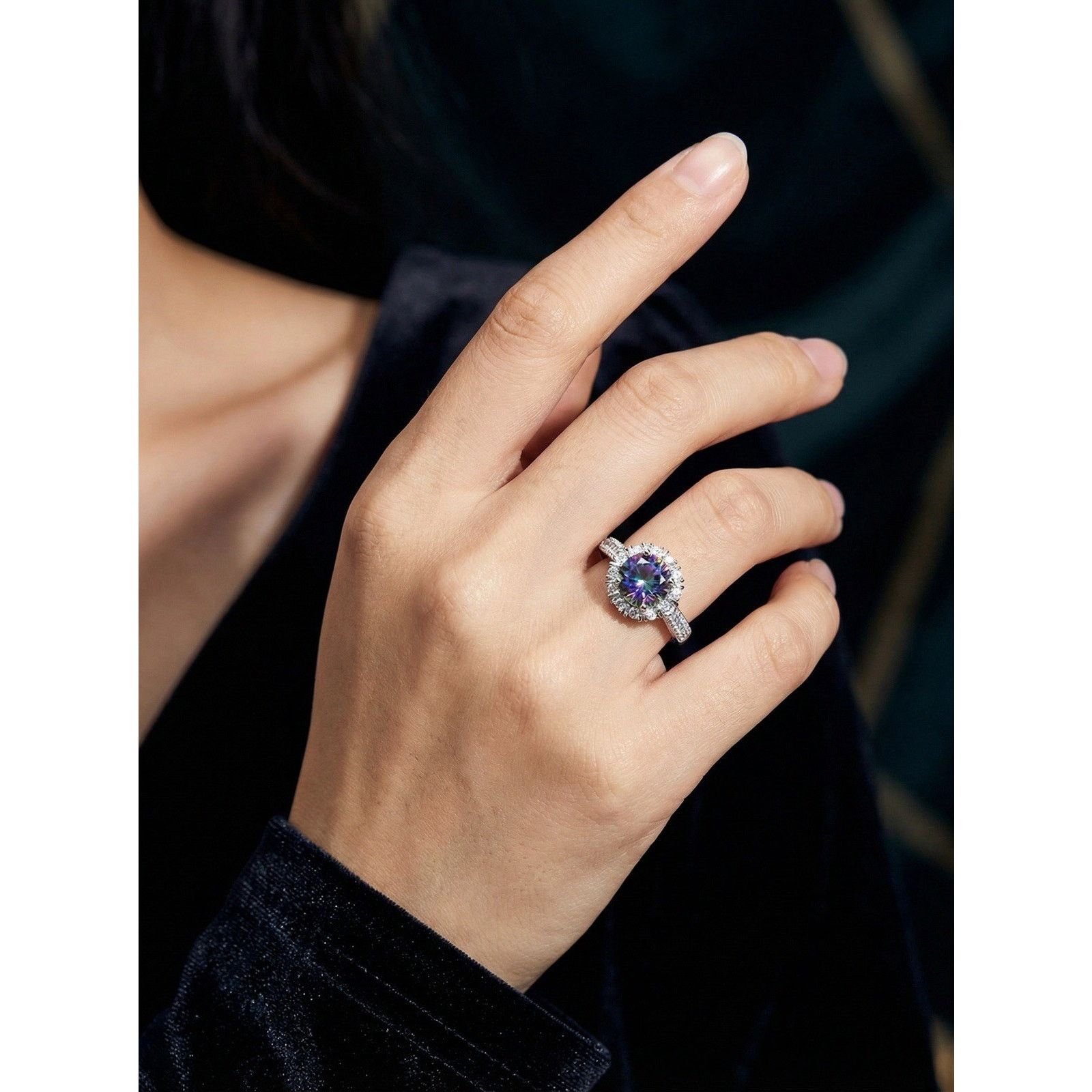 & Other Stories Exquisite 2ct Mystic Moissanite Halo VVS1 Adjustable Ring Size ONE SIZE - 5 Thumbnail
