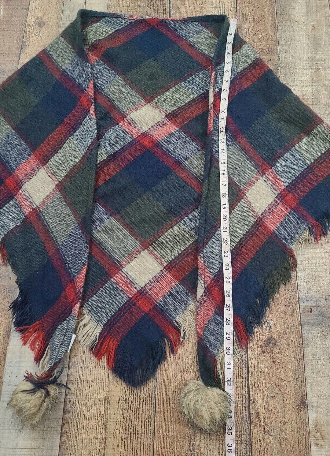 Designer Plaid Shawl Knit Acrylic Fuzzy Balls Fringe scarf wrap Size ONE SIZE - 3 Thumbnail