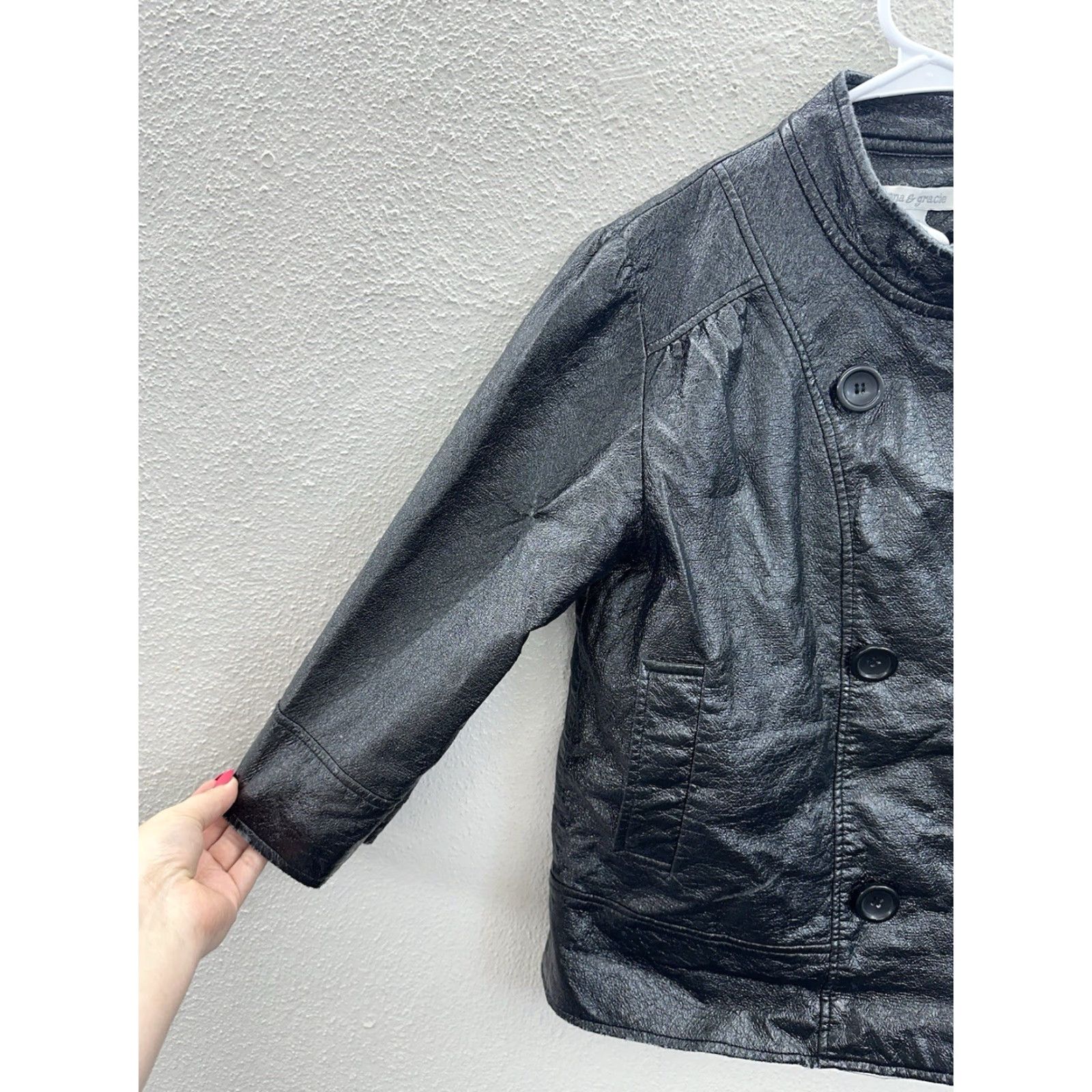 Doublet Hanna & Gracie Womens Jacket Size 6 Black Faux Leather Double Breasted Jacket Women's Black Faux Leather Size 6 90s Classic Size M / US 6-8 / IT 42-44 - 2 Thumbnail
