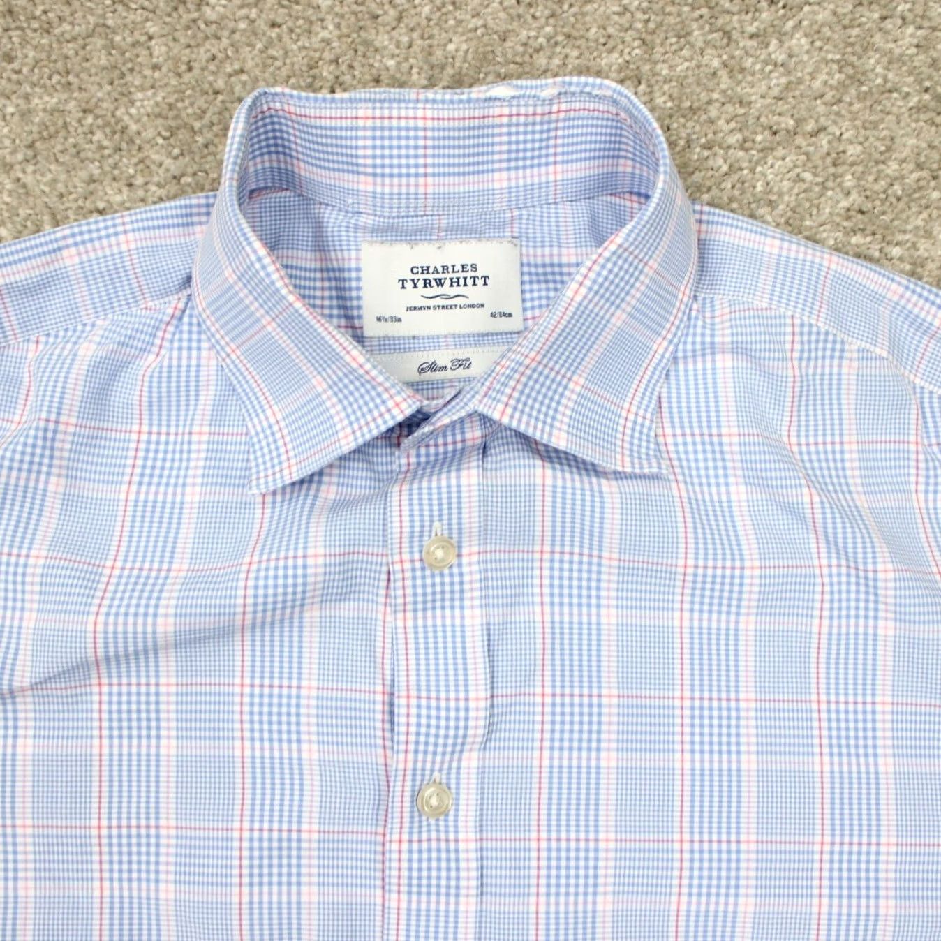 Charles Tyrwhitt Charles Tyrwhitt Shirt Mens 16 1/2 33 Slim Fit Long Sleeve Blue Pink Check Button-Down Dress Shirt Size US XL / EU 56 / 4 - 2 Thumbnail