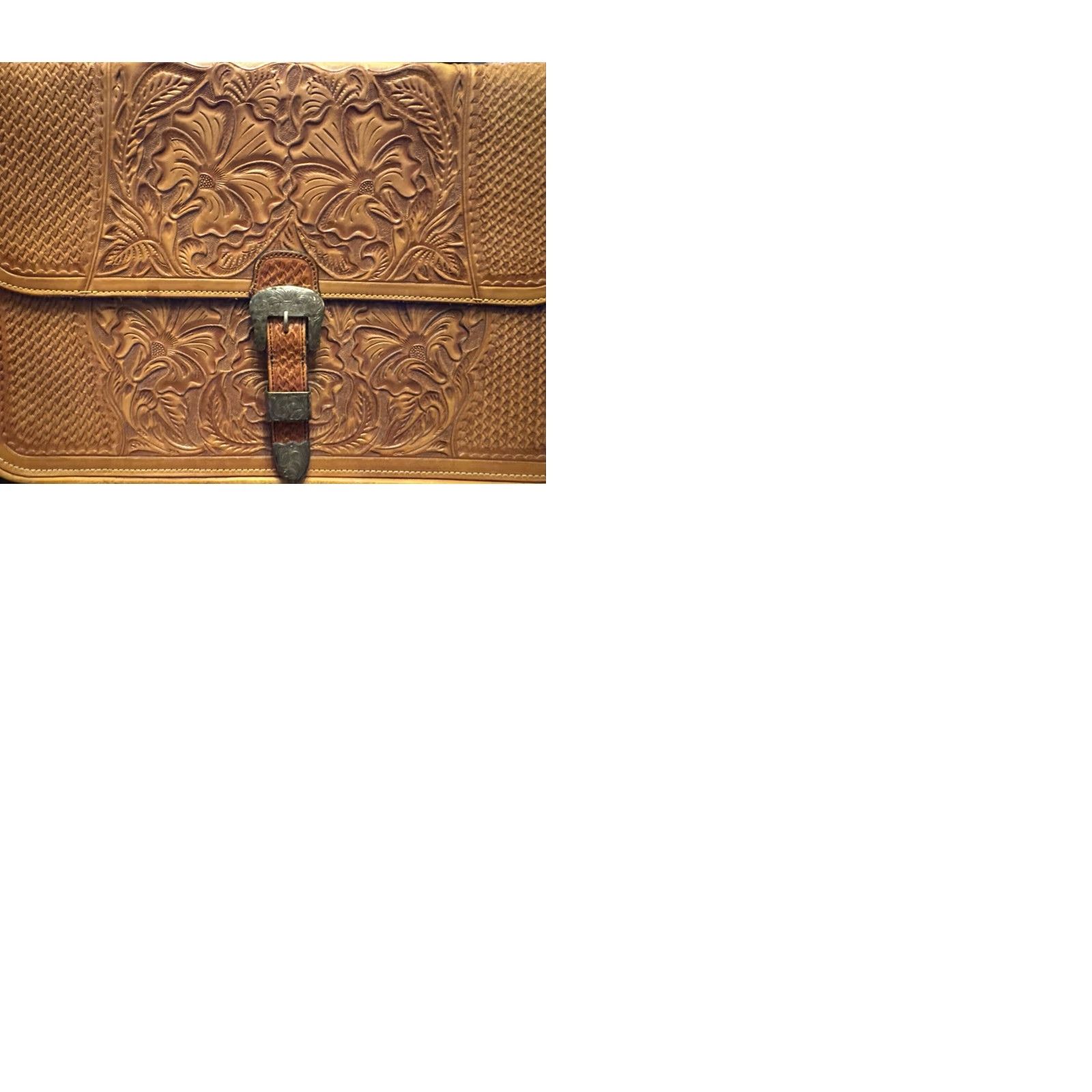 Vintage VOGT Hand Made Tooled LEATHER Vintage Mexico Briefcase Purse Bag Brown 16.25" Long 10.5" Tall 4" Width Leather Handbag Satchel Purse Bag Mens Womens Size ONE SIZE - 9 Thumbnail