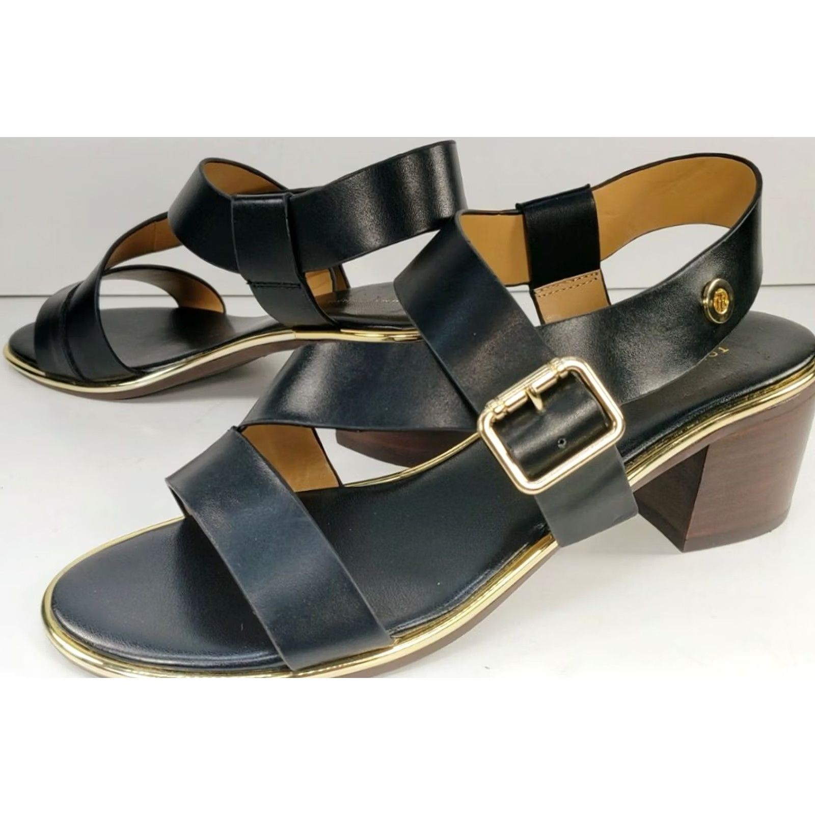 Tommy Hilfiger Tommy Hilfiger Konas Women's Sandal T-Strap Black Leather 9M Heel Low Block Strappy Size US 9 / IT 39 - 2 Thumbnail
