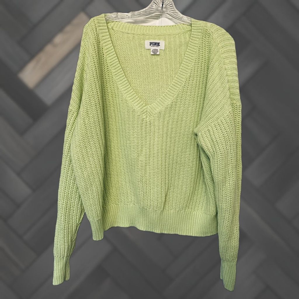 Victoria's Secret PINK Victoria's Secret Womens Large Neon Green Long Sleeve V Neck Knit Sweater Size L / US 10 / IT 46 - 1 Thumbnail